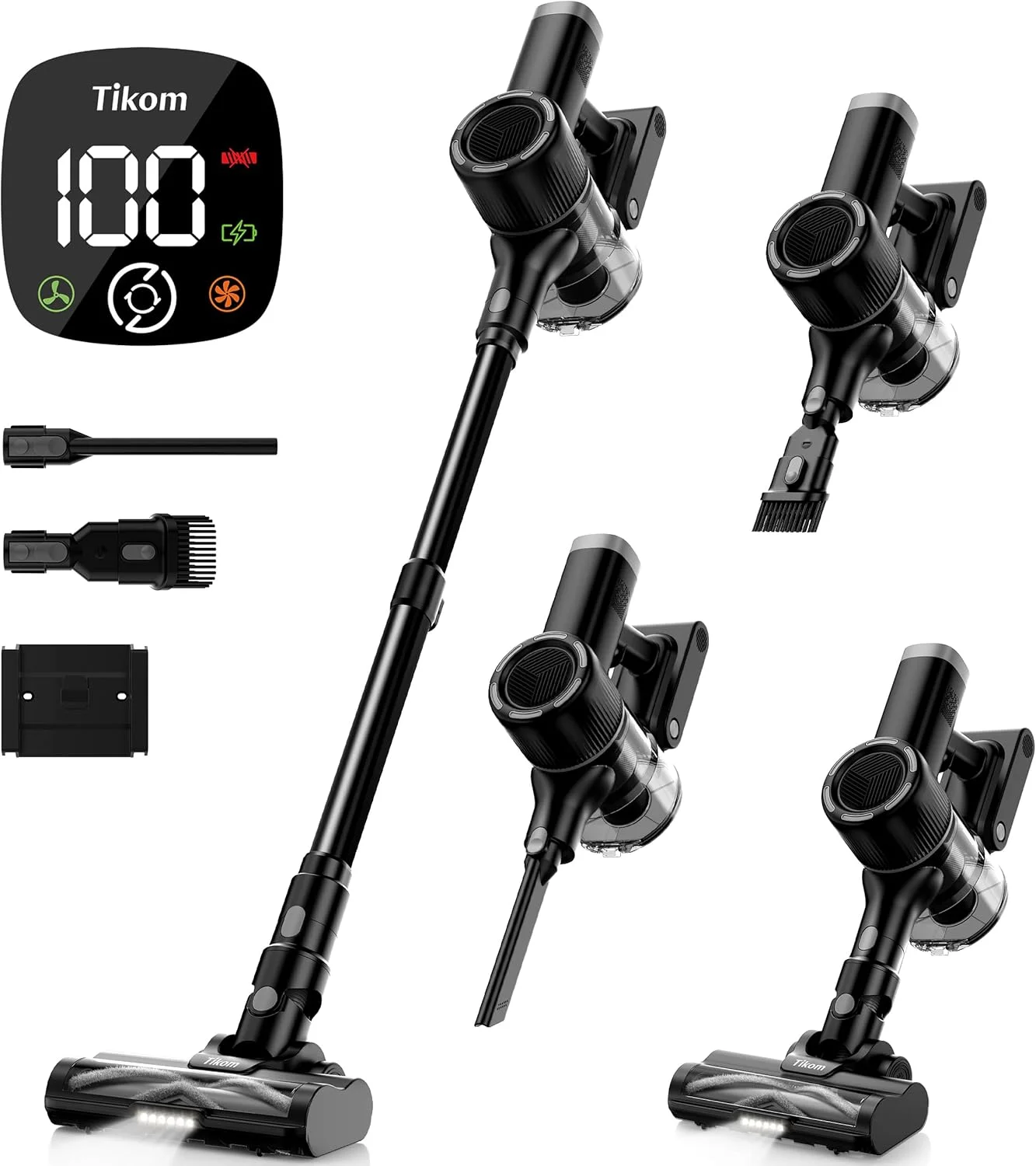 جاروبرقی عصایی بی سیم تیکوم برای منزل، 40000Pa/450W با پایه شارژ دیواری، ضد گره خوردگی، جاروبرقی دستی سبک وزن برای موی حیوانات خانگی، کف سخت، فرش، V450