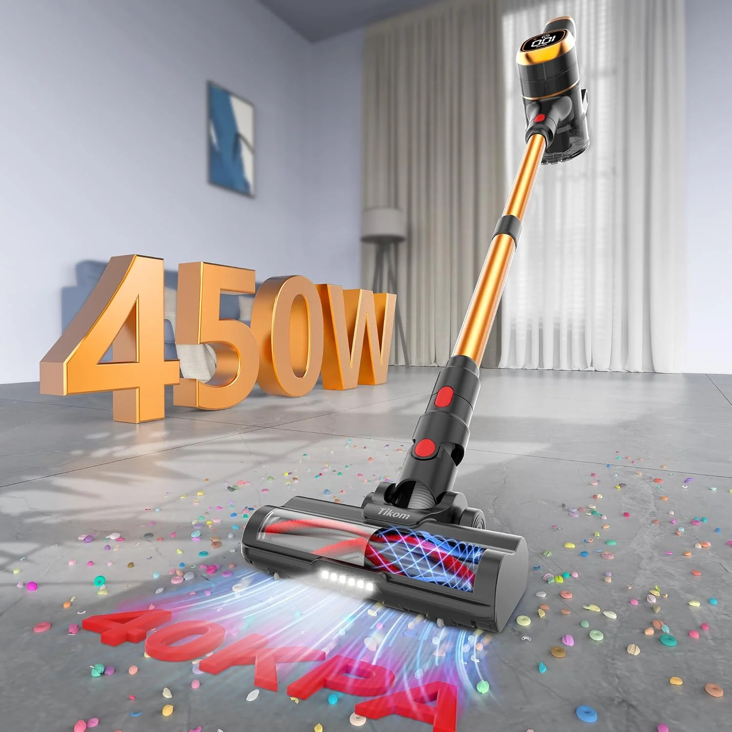 جاروبرقی عصایی بی سیم تیکوم V500 مناسب منزل، قدرت مکش 40000Pa/450W، دارای صفحه نمایش لمسی LED، پایه شارژ دیواری، ضد گره خوردگی، جاروبرقی دستی سبک وزن مناسب موی حیوانات خانگی، سطوح سخت و فرش