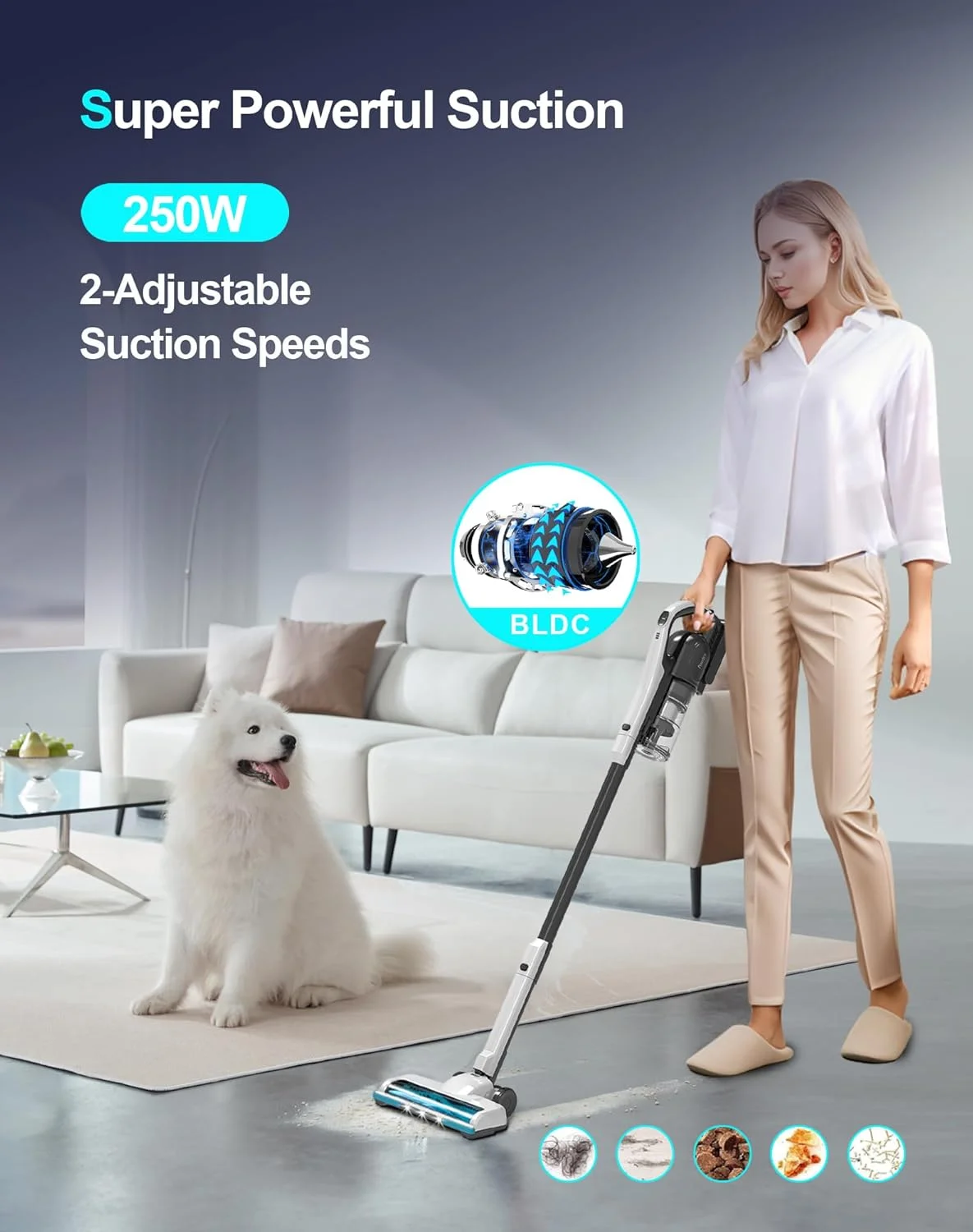 جاروبرقی عصایی بی سیم Prisvacs، مکش قدرتمند 25Kpa، فوق سبک، ایستاده، ضد گره خوردگی، شارژ سریع، مناسب برای کف سخت، فرش، موی حیوانات خانگی