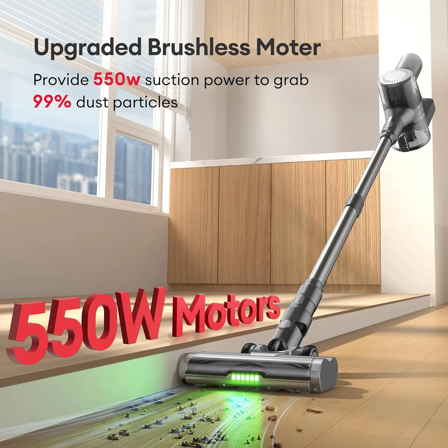 جاروبرقی عصایی بدون سیم اولتنیک مدل U12، با قدرت 550 وات و مکش 50 کیلو پاسکال، دارای صفحه نمایش، برس ضد گره برای موی حیوانات خانگی، حداکثر زمان کارکرد 45 دقیقه، نمایشگر LED و ابزار مناسب برای تمیز کردن کف سخت، فرش و خودرو