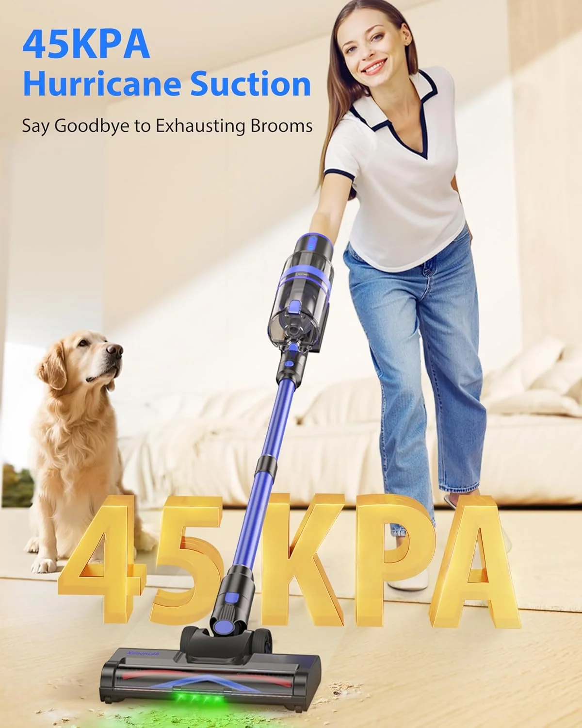 جاروبرقی عصایی شارژی زنون‌لب، 45KPA، مناسب منزل، جاروبرقی سبک وزن 6 در 1، تا 35 دقیقه زمان کارکرد، با مکش قدرتمند برای فرش، موی حیوانات خانگی و کف‌های چوبی