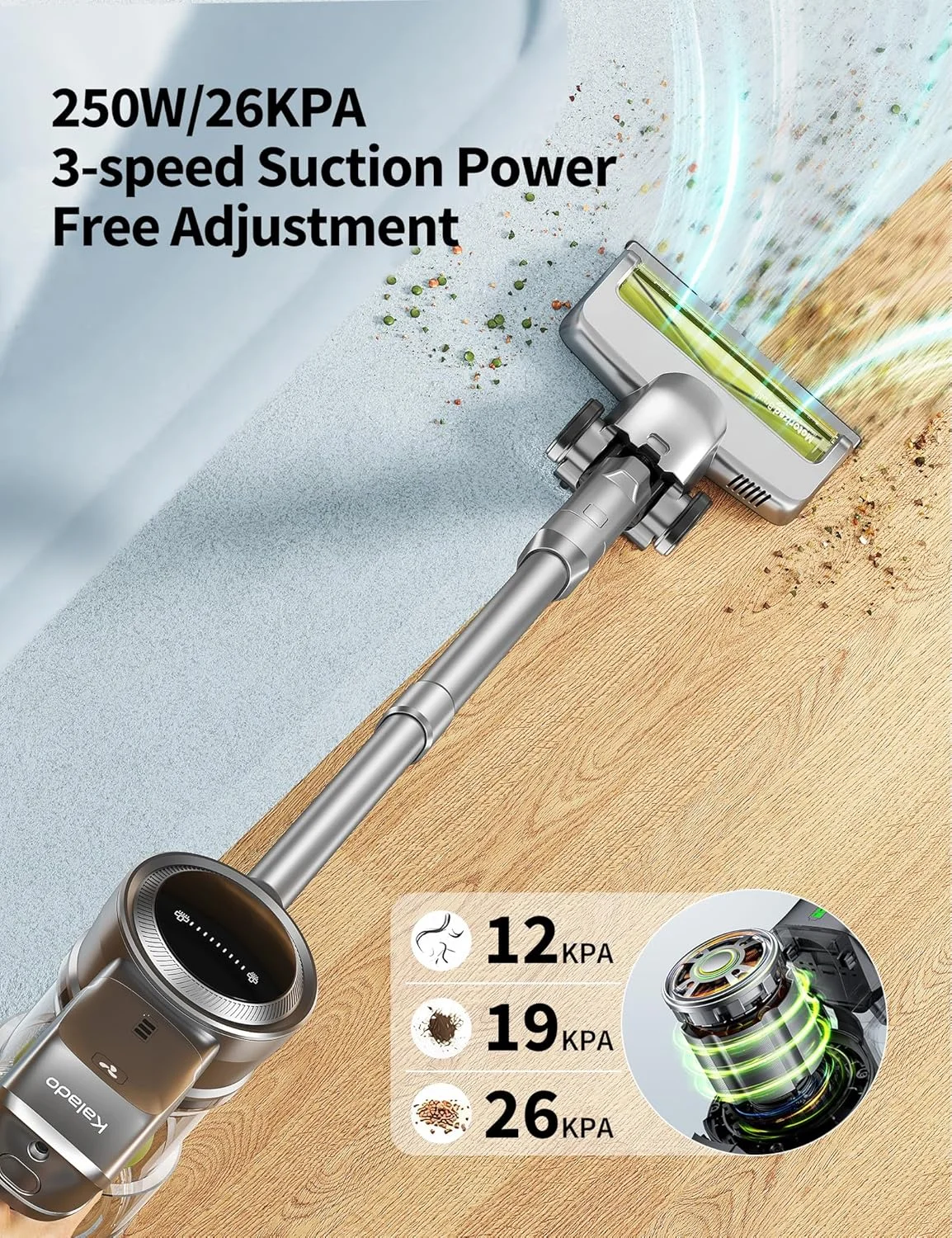 جاروبرقی عصایی بی سیم Kalado، جاروبرقی عصایی 26Kpa با موتور براشلس 250 واتی، باتری جداشدنی 40 دقیقه ای، نمایشگر LED، جاروبرقی های ایستاده سبک وزن 6 در 1 برای موی حیوانات خانگی فرش ماشین