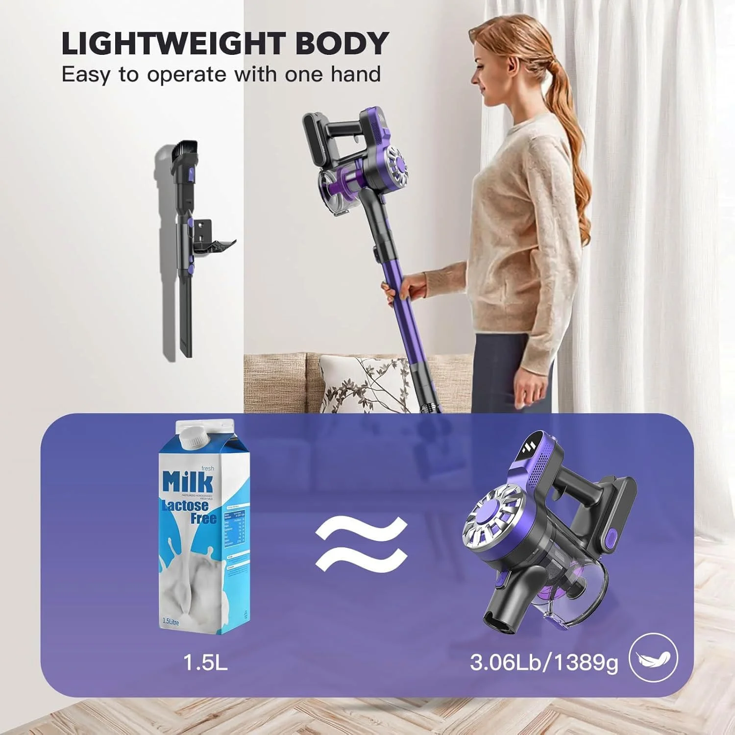 جاروبرقی های خانگی، جاروبرقی شارژی با مکش قدرتمند، جاروبرقی عصایی قابل شارژ، تا 35 دقیقه، جاروبرقی سبک وزن برای موی حیوانات خانگی، فرش، کف (بنفش)