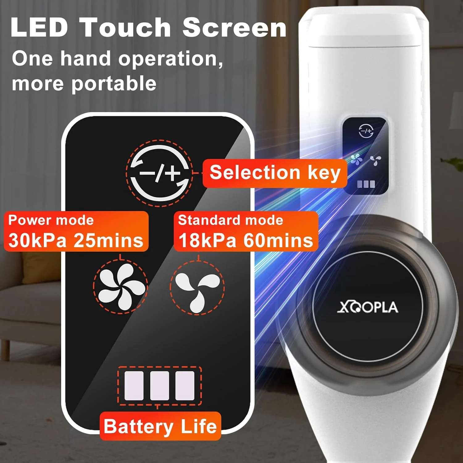 جاروبرقی عصایی شارژی Xoopla، مکش قدرتمند 30Kpa، تا 60 دقیقه زمان کارکرد، 2 حالت قدرت صفحه لمسی LED، ایده آل برای خانه، ماشین، کف سخت، فرش، موی حیوانات خانگی جاروبرقی عصایی شارژی Xoopla، مکش قدرتمند 30Kpa، تا 60 دقیقه زمان کارکرد، 2 حالت قدرت صفحه لمسی LED، ایده آل برای خانه، ماشین، کف سخت، فرش، موی حیوانات خانگی