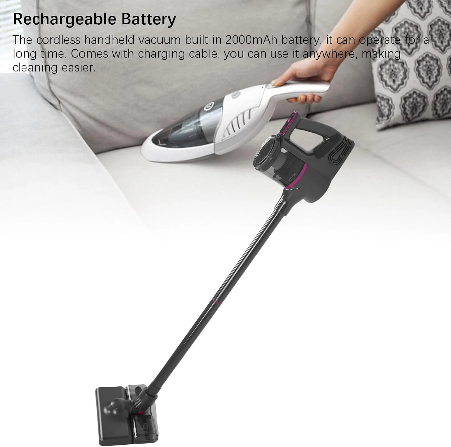 جاروبرقی شارژی Zhjvihx، جاروبرقی سبک با باتری قابل شارژ 2000 میلی آمپر ساعتی و مکش قدرتمند 15000 پاسکال، مناسب برای کف سخت خانه، فرش کم پرز و موی حیوانات خانگی جاروبرقی شارژی Zhjvihx، جاروبرقی سبک با باتری قابل شارژ 2000 میلی آمپر ساعتی و مکش قدرتمند 15000 پاسکال، مناسب برای کف سخت خانه، فرش کم پرز و موی حیوانات خانگی