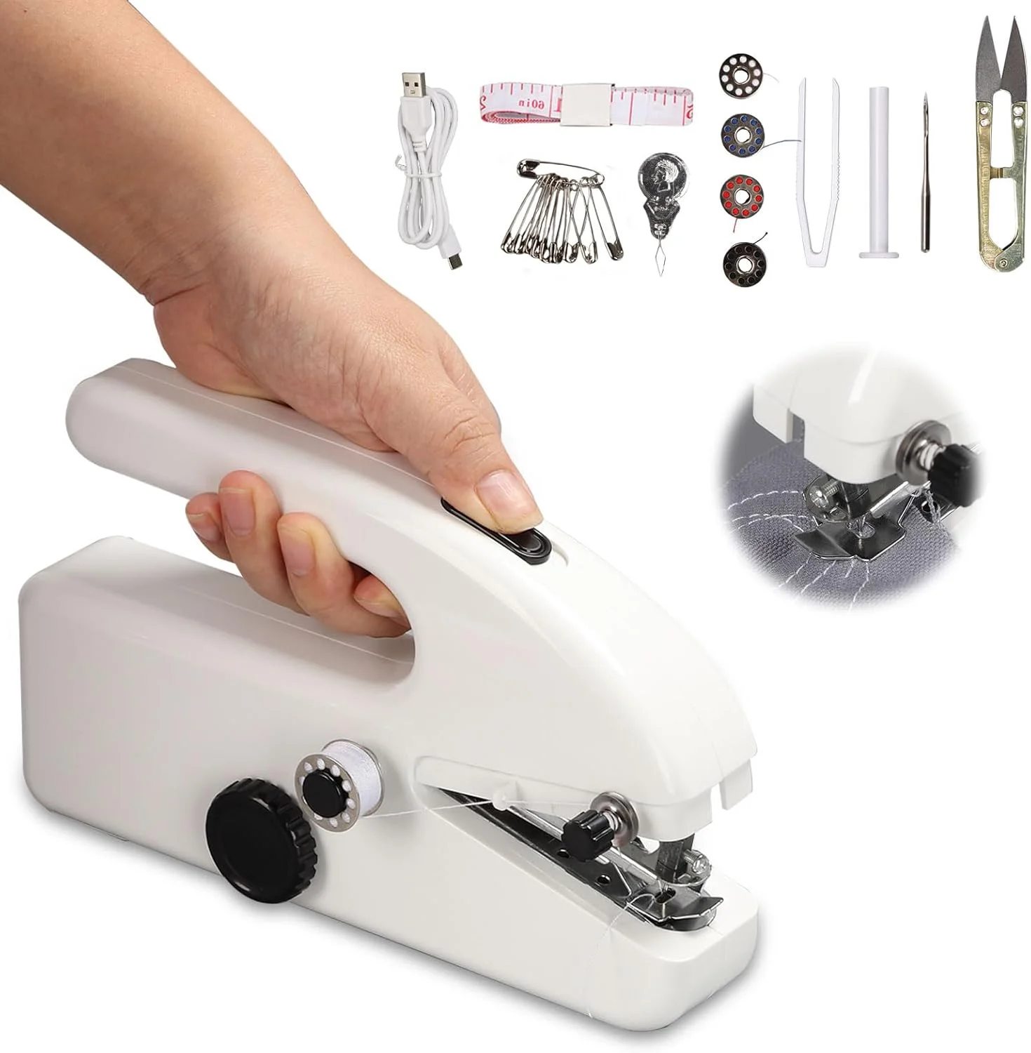 چرخ خیاطی برقی کوچک قابل حمل BigKing، سفید، 20 x 4.8 x 12 سانتی متر، چرخ خیاطی برقی با کیت خیاطی، تغذیه با باتری یا USB برای پارچه، لباس و پرده
