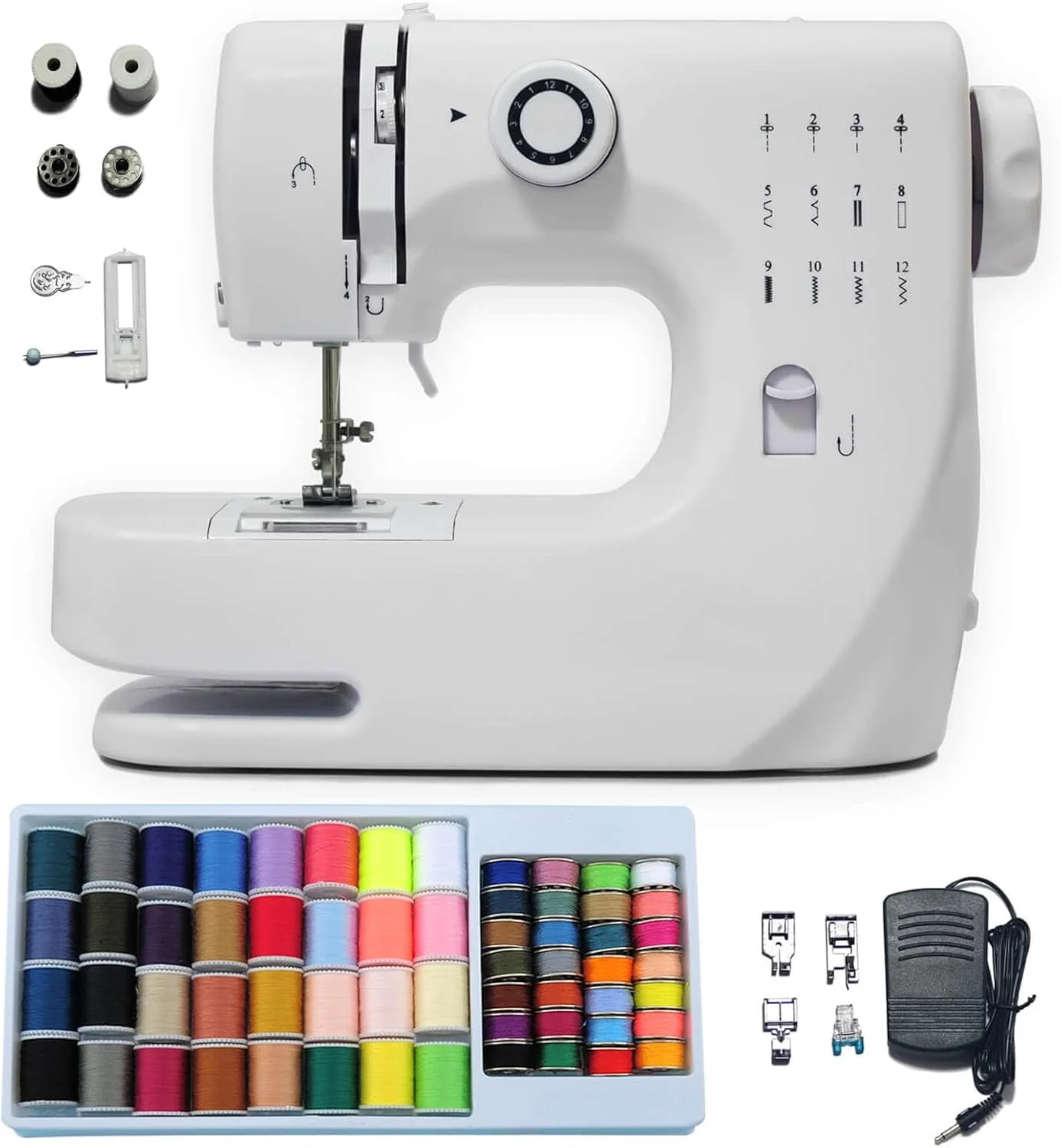 چرخ خیاطی کوچک قابل حمل برقی با 12 مدل دوخت داخلی، دو سرعته با پدال پایی و 6 پایه فشاری قابل تعویض و لوازم خیاطی