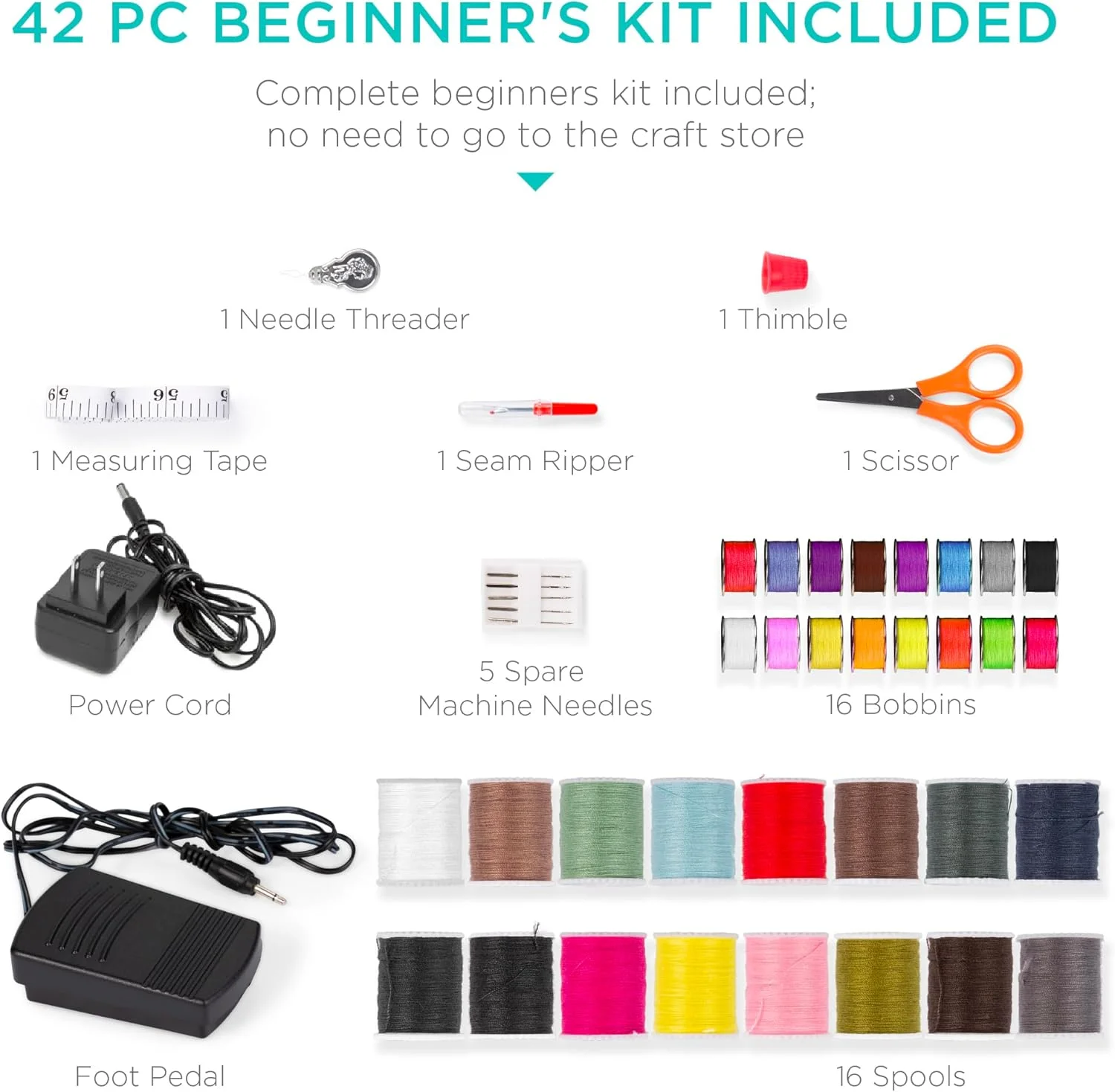 چرخ خیاطی جمع و جور بهترین انتخاب، کیت مبتدی 42 تکه، چند منظوره قابل حمل 6 ولت برای مبتدی با 12 طرح دوخت، چراغ، پدال پا، کشوی ذخیره سازی - خاکستری/سفید