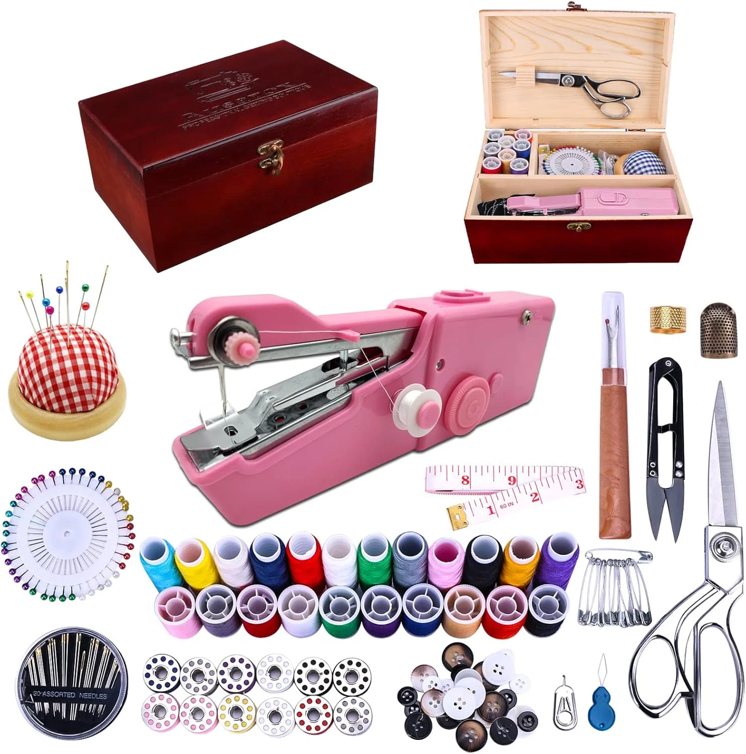 چرخ خیاطی دستی BRIGHTLYLIT، چرخ خیاطی دستی قابل حمل، کیت خیاطی برای بزرگسالان، جعبه خیاطی چوبی، چرخ خیاطی کوچک برای مبتدیان [143 قطعه]