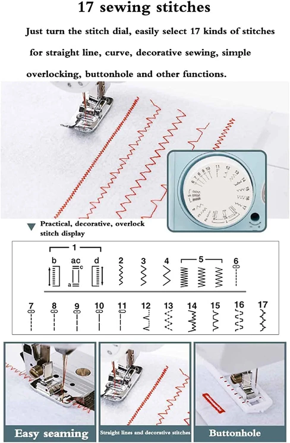 چرخ خیاطی الکترونیکی قابل حمل BOREST، چرخ خیاطی چند منظوره رومیزی خانگی، 17 نوع دوخت، ضخامت 4-6 لایه، چراغ LED LEOWE