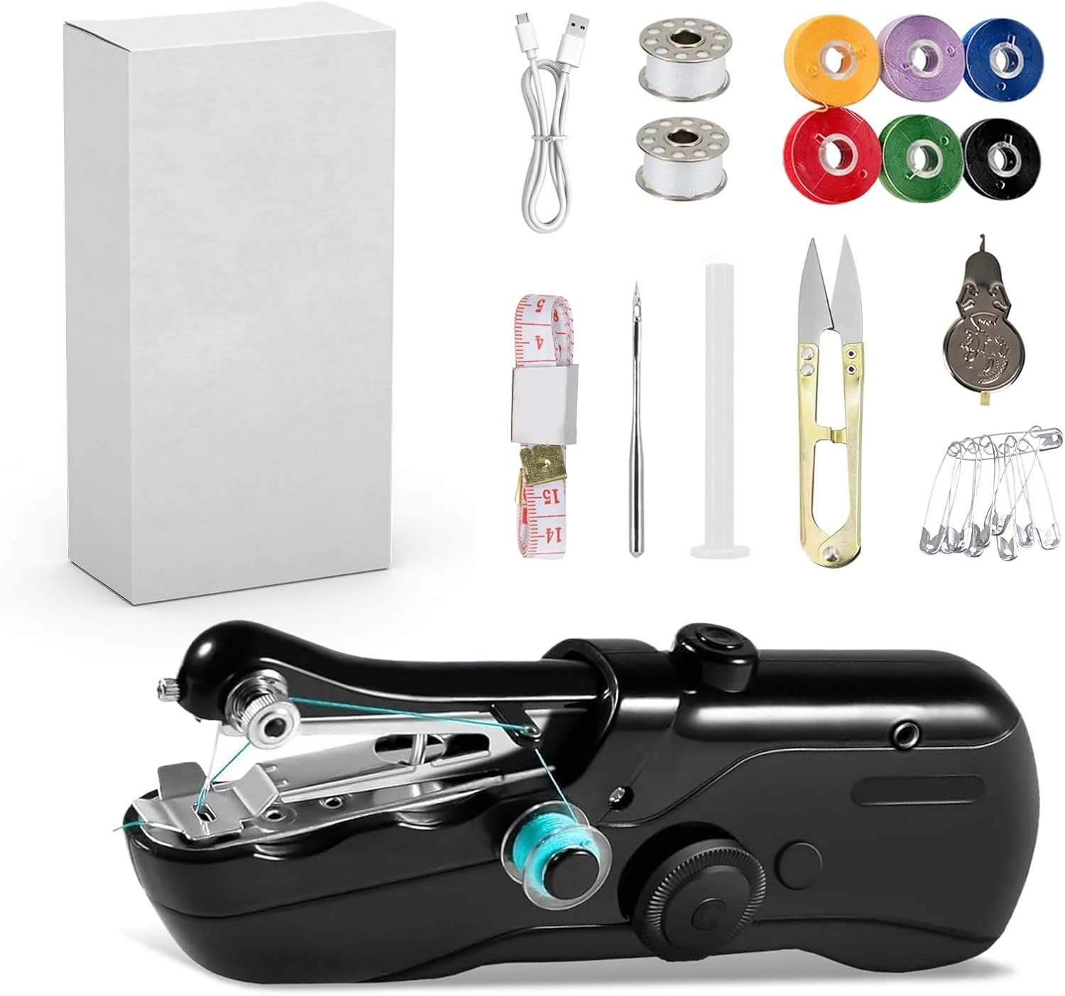 چرخ خیاطی دستی، چرخ خیاطی مینی قابل حمل با لوازم جانبی، چرخ خیاطی برقی دستی برای مبتدیان و بزرگسالان، استفاده آسان مناسب برای دوخت لباس، مسافرت خانوادگی، DIY (مشکی)