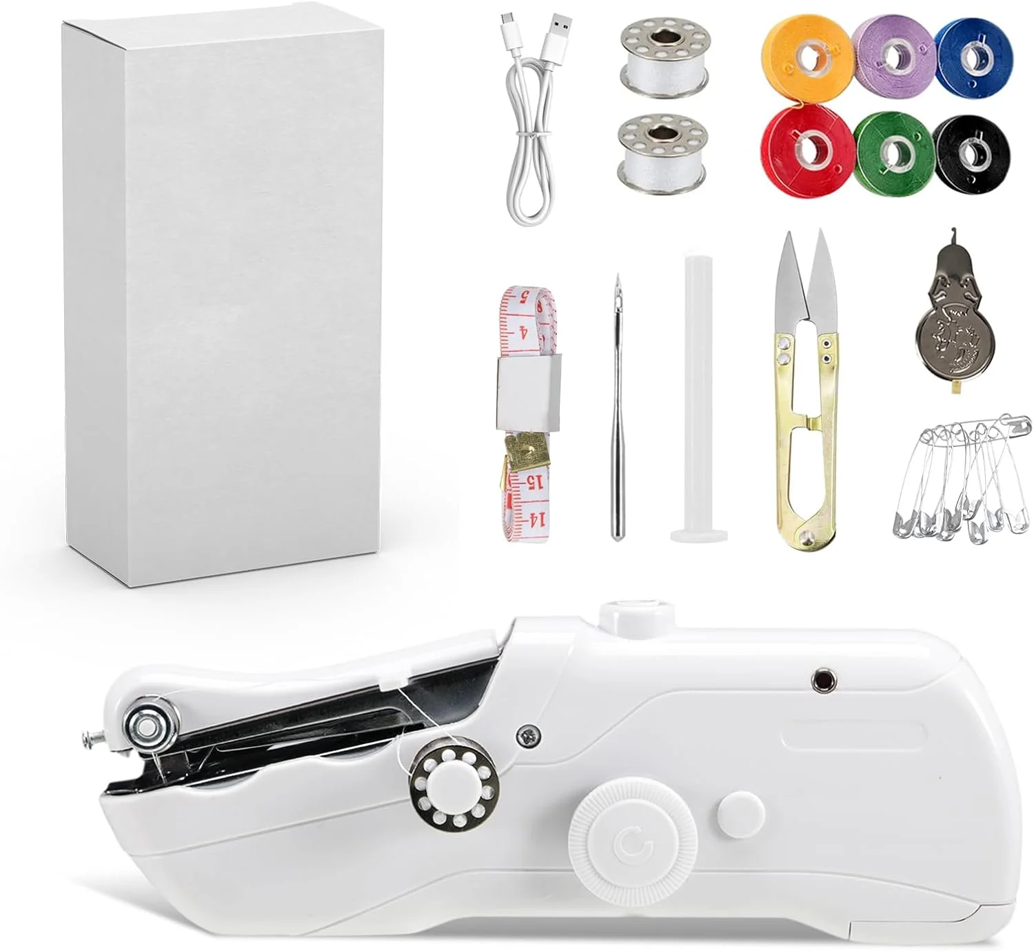 چرخ خیاطی دستی، چرخ خیاطی مینی قابل حمل با لوازم جانبی، چرخ خیاطی برقی دستی برای مبتدیان و بزرگسالان، کاربری آسان مناسب برای دوخت لباس، مسافرت خانوادگی، DIY (سفید)