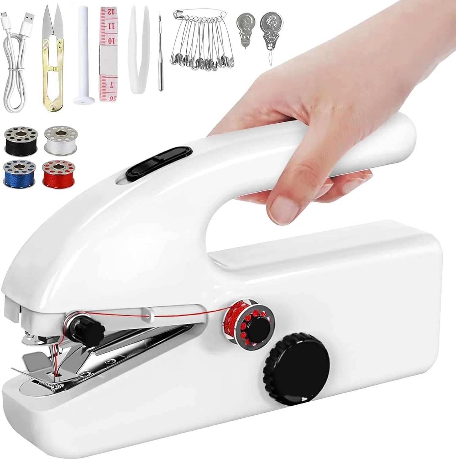 چرخ خیاطی دستی مینی، چرخ خیاطی برقی کوچک قابل حمل برای مبتدیان، دستگاه دوخت سریع دستی برای پارچه و لباس های DIY، جمع و جور و سبک وزن، استفاده آسان