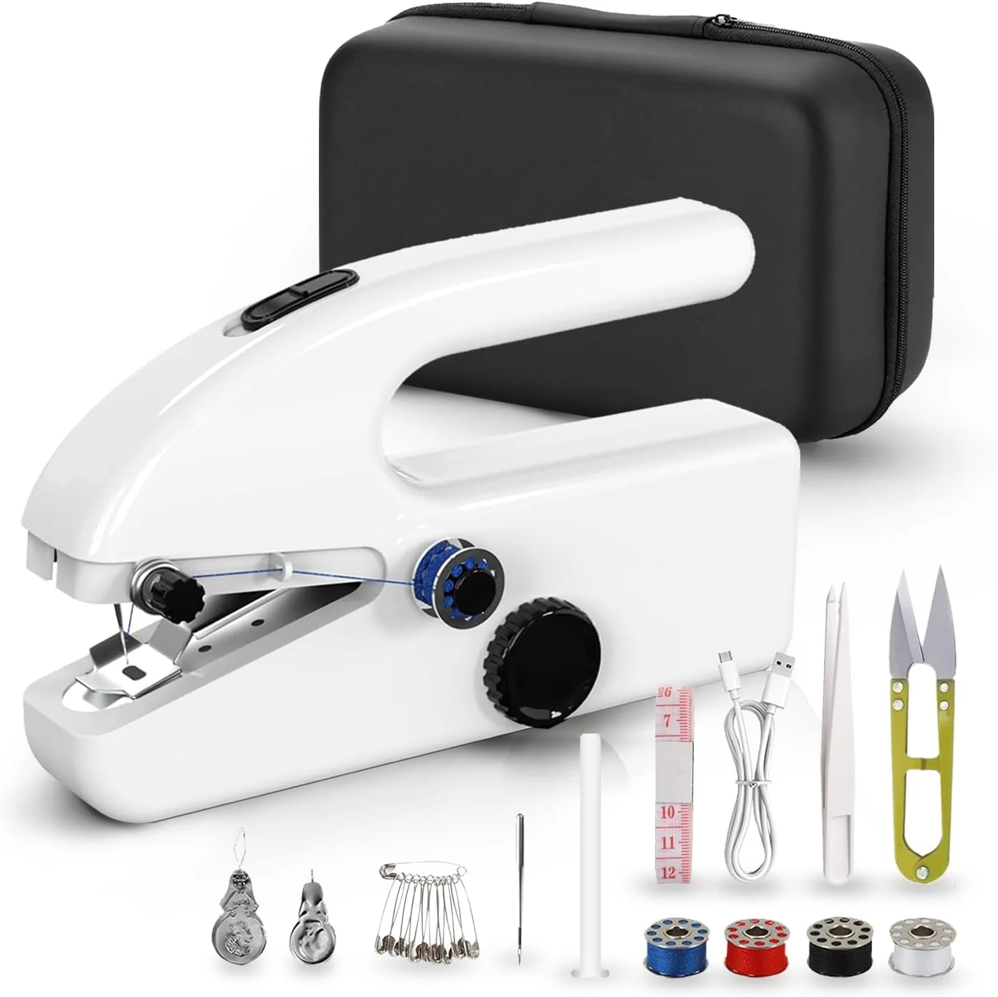 چرخ خیاطی دستی با جعبه نگهداری، کیت چرخ خیاطی کوچک قابل حمل برای مسافرت - 2 حالت برق، دوخت سریع برای لباس، پارچه، تعمیرات DIY، خانه و مبتدیان