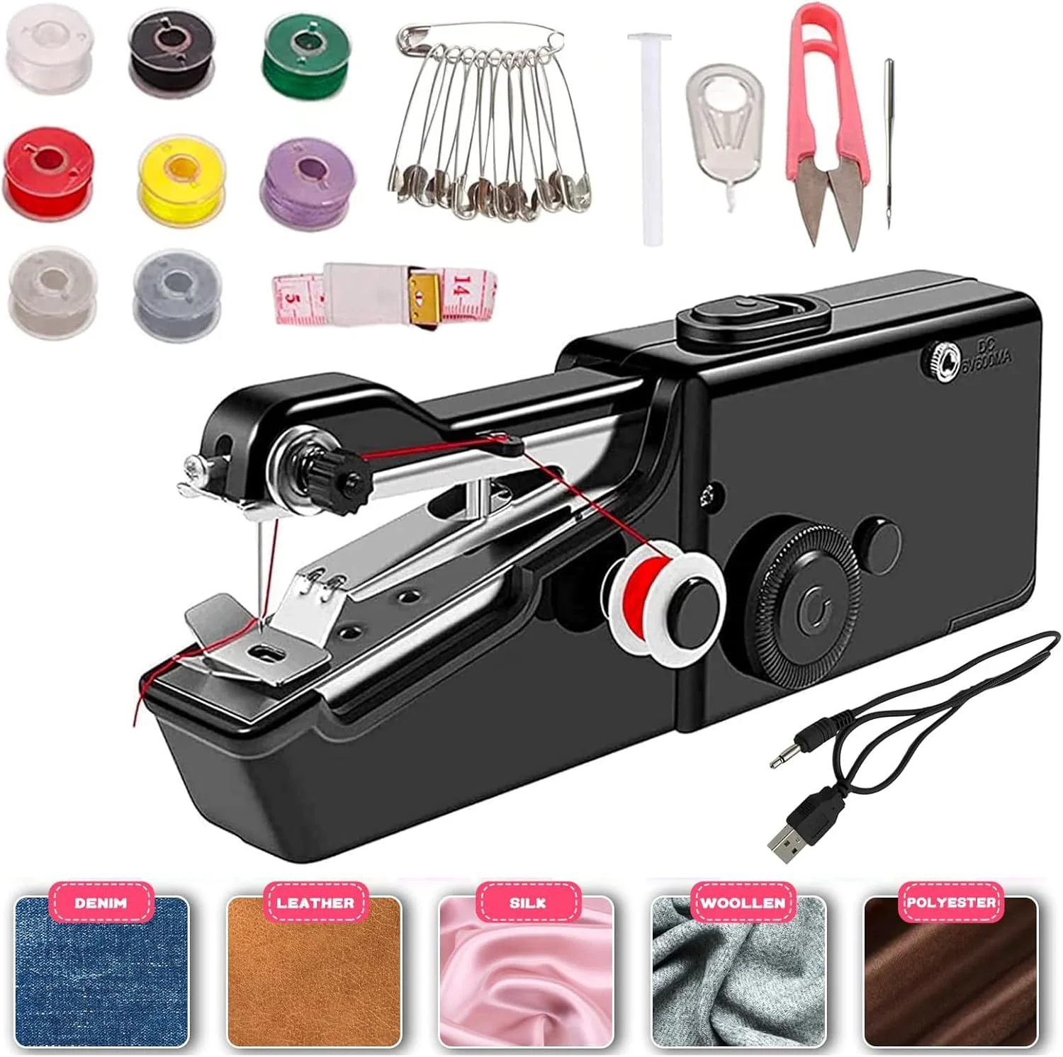 چرخ خیاطی دستی، دوخت سریع، چرخ خیاطی قابل حمل مناسب برای خانه، مسافرت و کارهای DIY، الکتریکی (مشکی)