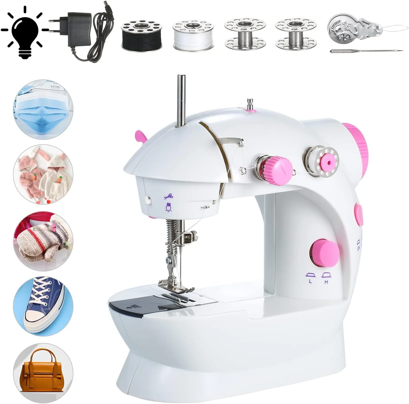 چرخ خیاطی کوچک جبِی، دو سرعته قابل تنظیم، دو نخ، برقی قابل حمل چند منظوره خانگی با چراغ و پدال برش پا برای مسافرت خانگی مبتدی روکش صورت DIY
