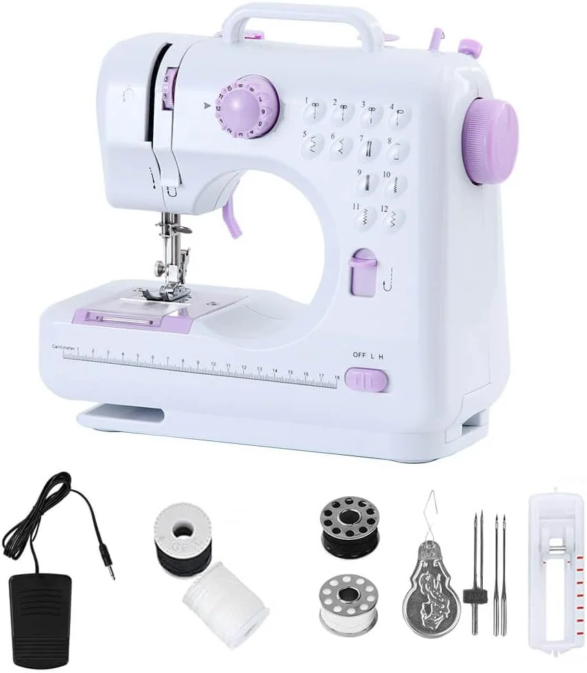 چرخ خیاطی کوچک برای مبتدیان با 12 طرح دوخت داخلی، دو سرعته، قابل حمل، پدال پا، سوزن دوقلو ارتقا یافته، چراغ LED، بنفش و سفید