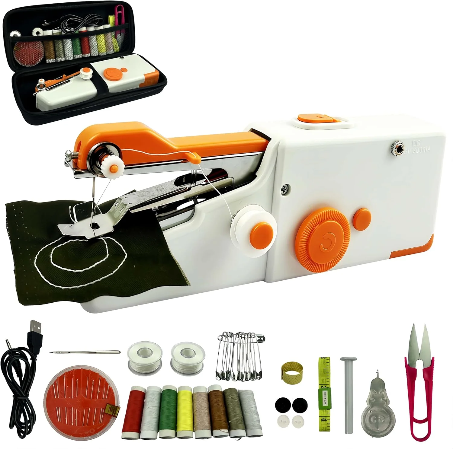 چرخ خیاطی دستی مینی برقی قابل حمل برای مبتدیان و بزرگسالان به همراه مجموعه ابزار خیاطی برای لباس، پرده، صنایع دستی DIY (بدون باتری) (نارنجی)