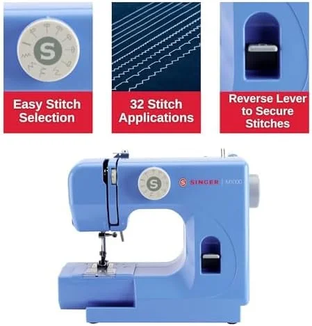 چرخ خیاطی سبک و قابل حمل SINGER M1000 با 32 مدل دوخت، چراغ LED و ماسوره زوم، ایده آل برای تعمیرات، آبی چرخ خیاطی سبک و قابل حمل SINGER M1000 با 32 مدل دوخت، چراغ LED و ماسوره زوم، ایده آل برای تعمیرات، آبی