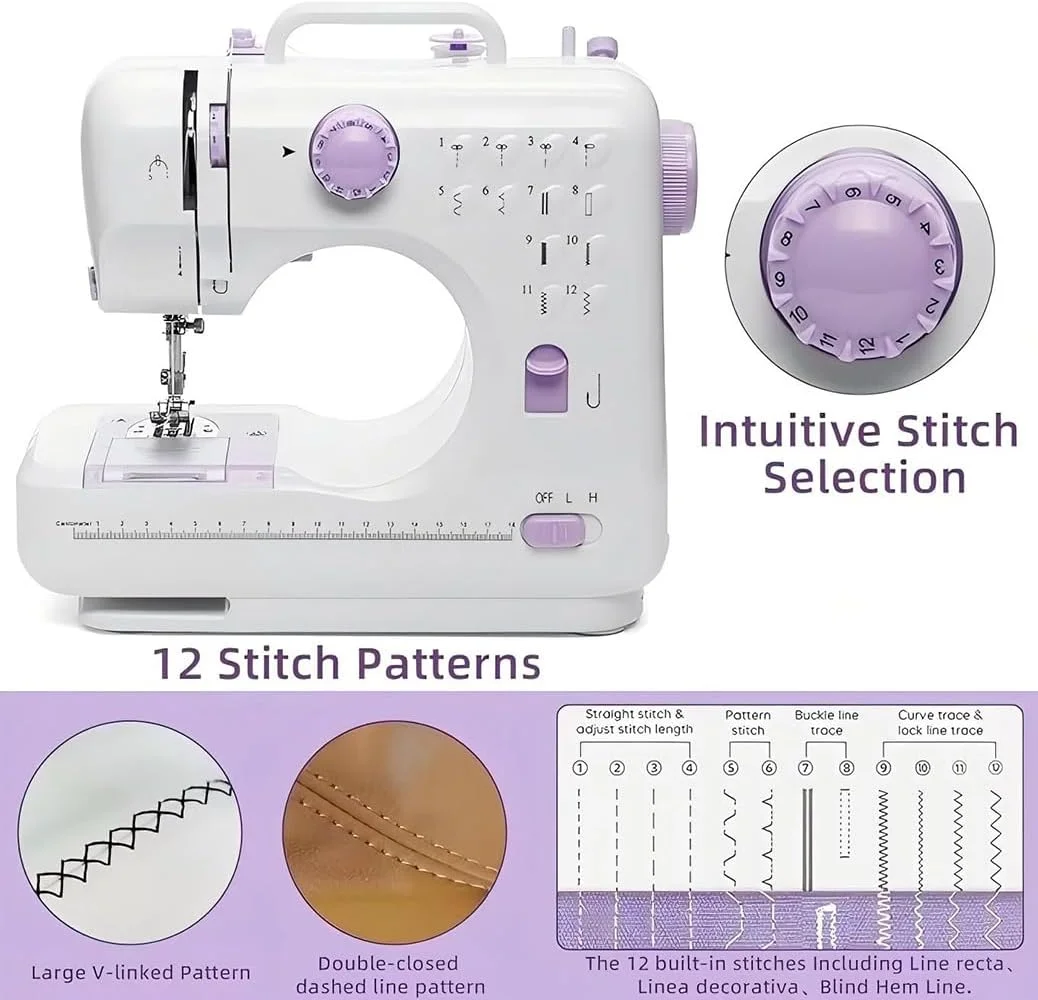 چرخ خیاطی کوچک برای مبتدیان با 12 طرح دوخت داخلی، دو سرعته، قابل حمل، پدال پا، سوزن دوقلو ارتقا یافته، چراغ LED، بنفش و سفید چرخ خیاطی کوچک برای مبتدیان با 12 طرح دوخت داخلی، دو سرعته، قابل حمل، پدال پا، سوزن دوقلو ارتقا یافته، چراغ LED، بنفش و سفید