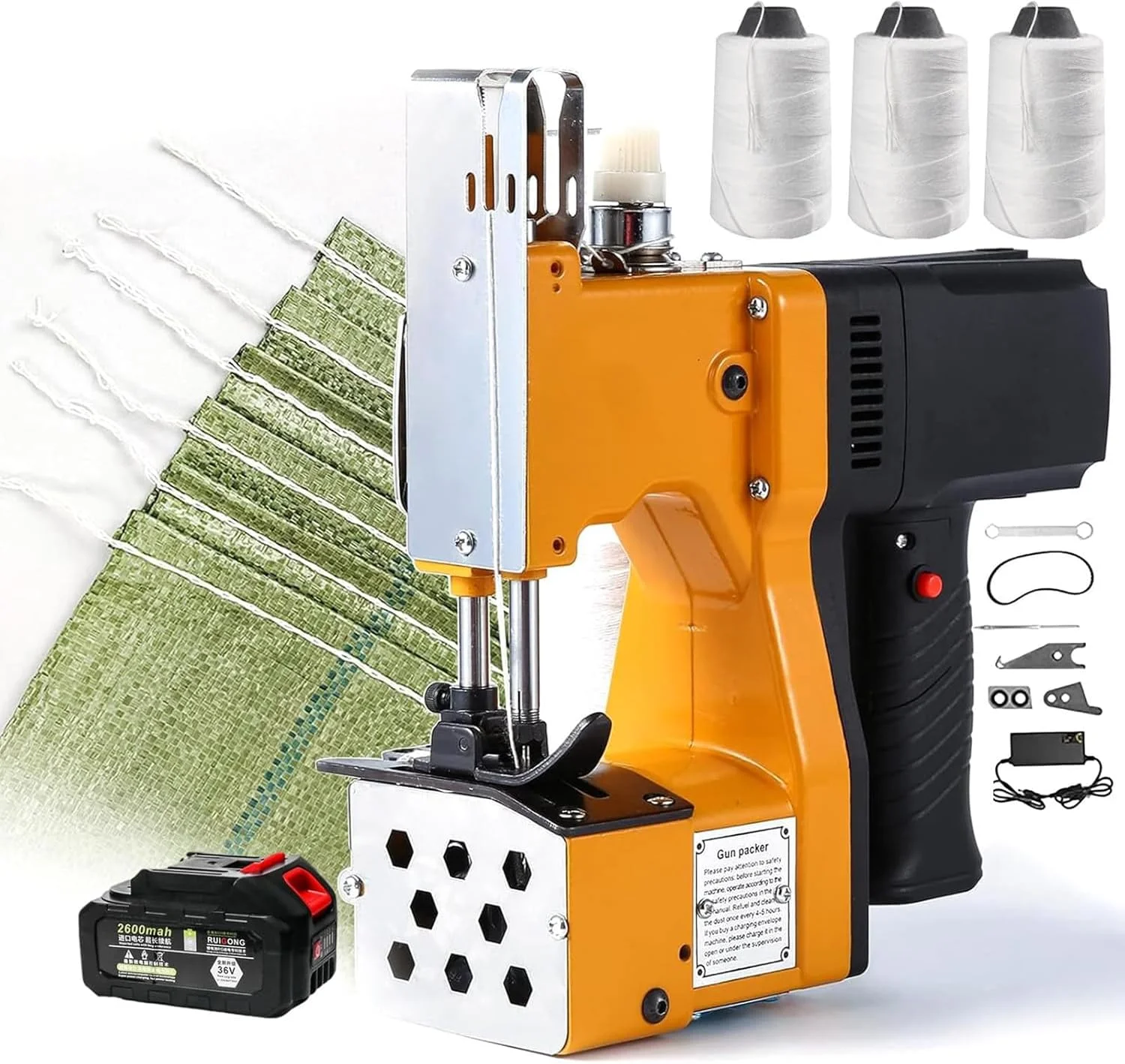 دستگاه دوخت قابل حمل، مجهز به 3 نخ دوخت و باتری 2600 میلی آمپر، موجود در حالت دستی/اتوماتیک، برای کیسه های ساخته شده از مواد گونی/بافته/کاغذی/پلاستیکی