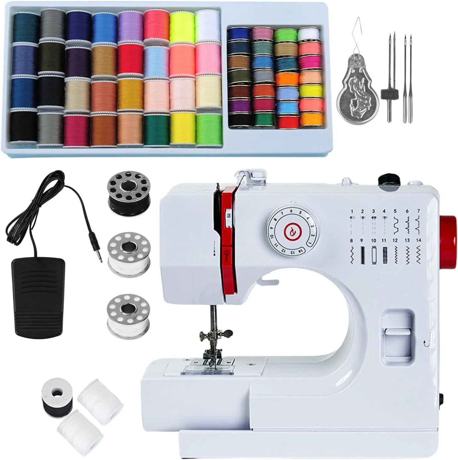چرخ خیاطی کوچک 14 بخیه با سرعت دوگانه، قابل حمل برای مبتدیان با پدال پا و کیت خیاطی قرمز، سوزن دوقلو ارتقا یافته، چراغ LED (سفید-قرمز) چرخ خیاطی کوچک 14 بخیه با سرعت دوگانه، قابل حمل برای مبتدیان با پدال پا و کیت خیاطی قرمز، سوزن دوقلو ارتقا یافته، چراغ LED (سفید-قرمز)
