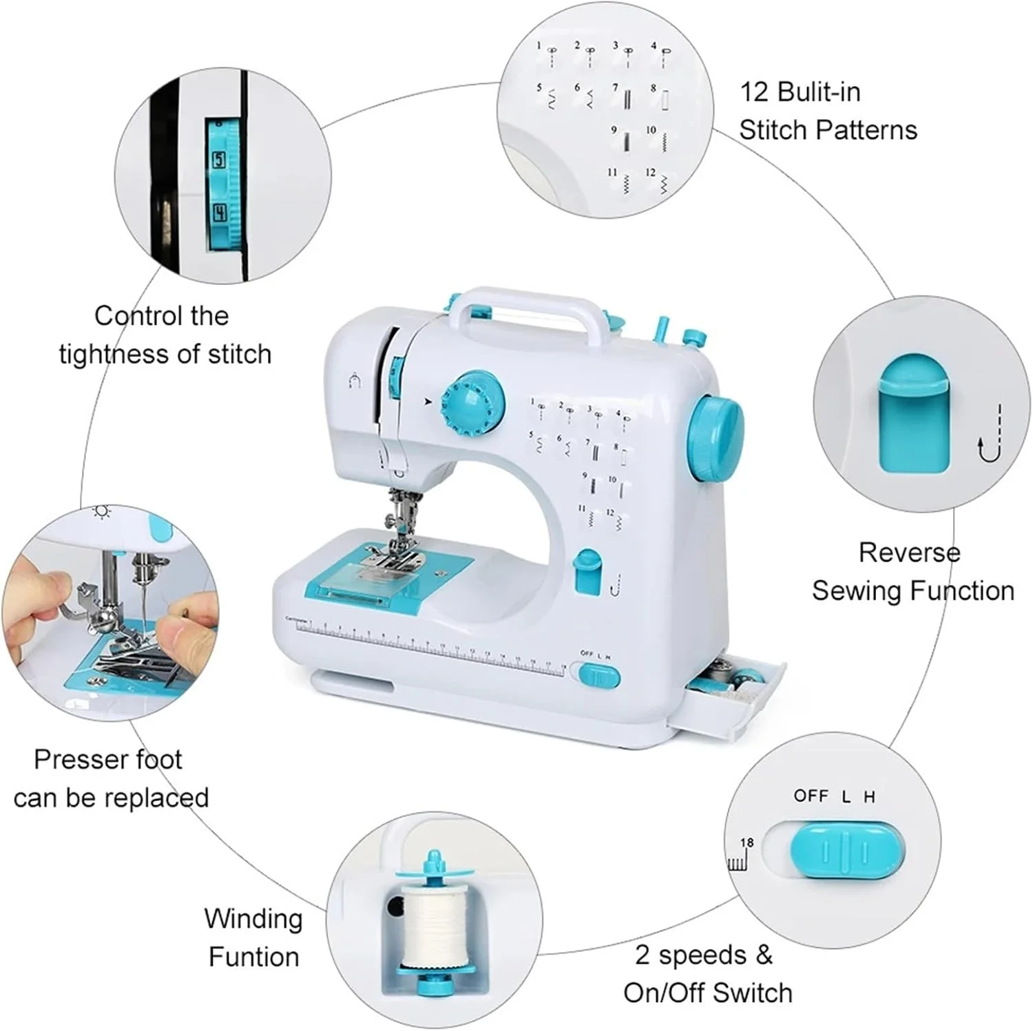 چرخ خیاطی، چرخ خیاطی قابل حمل با 12 مدل دوخت داخلی، دو نخ برای مبتدیان، کاردستی، چرخ خیاطی کوچک DIY چرخ خیاطی، چرخ خیاطی قابل حمل با 12 مدل دوخت داخلی، دو نخ برای مبتدیان، کاردستی، چرخ خیاطی کوچک DIY