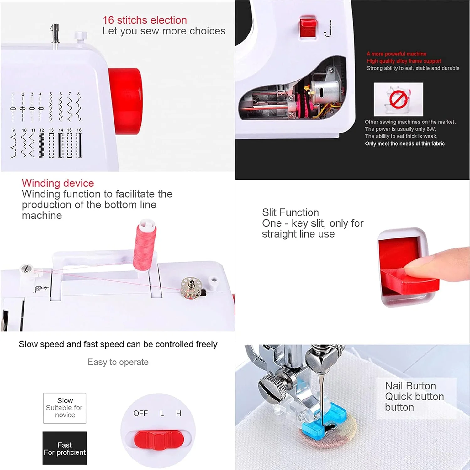 چرخ خیاطی قابل حمل xYzlxtC برای مبتدیان، سبک وزن، 16 مدل دوخت 2 سرعته، چرخ خیاطی برقی کوچک با پدال پا، سیم پیچی اتوماتیک