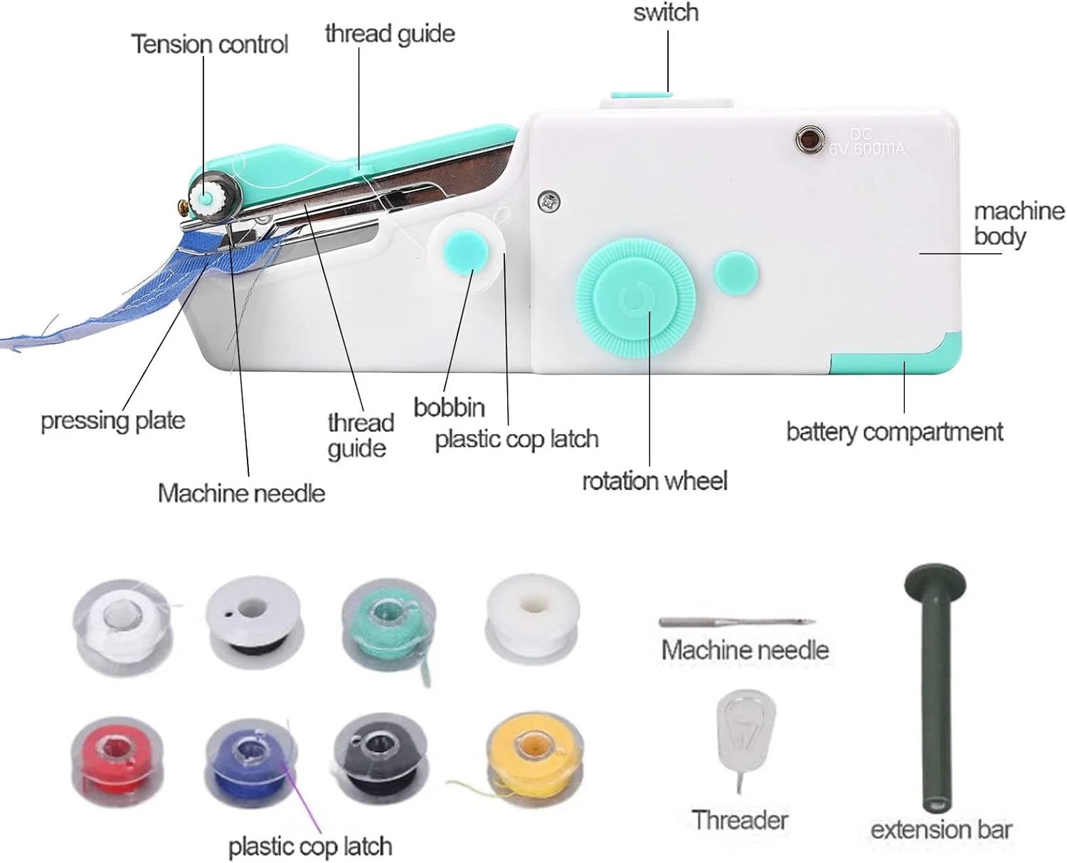 چرخ خیاطی کوچک قابل حمل، چرخ خیاطی دستی چند منظوره بی سیم قابل حمل برای مبتدیان کودکان و بزرگسالان، دستگاه تعمیر سریع