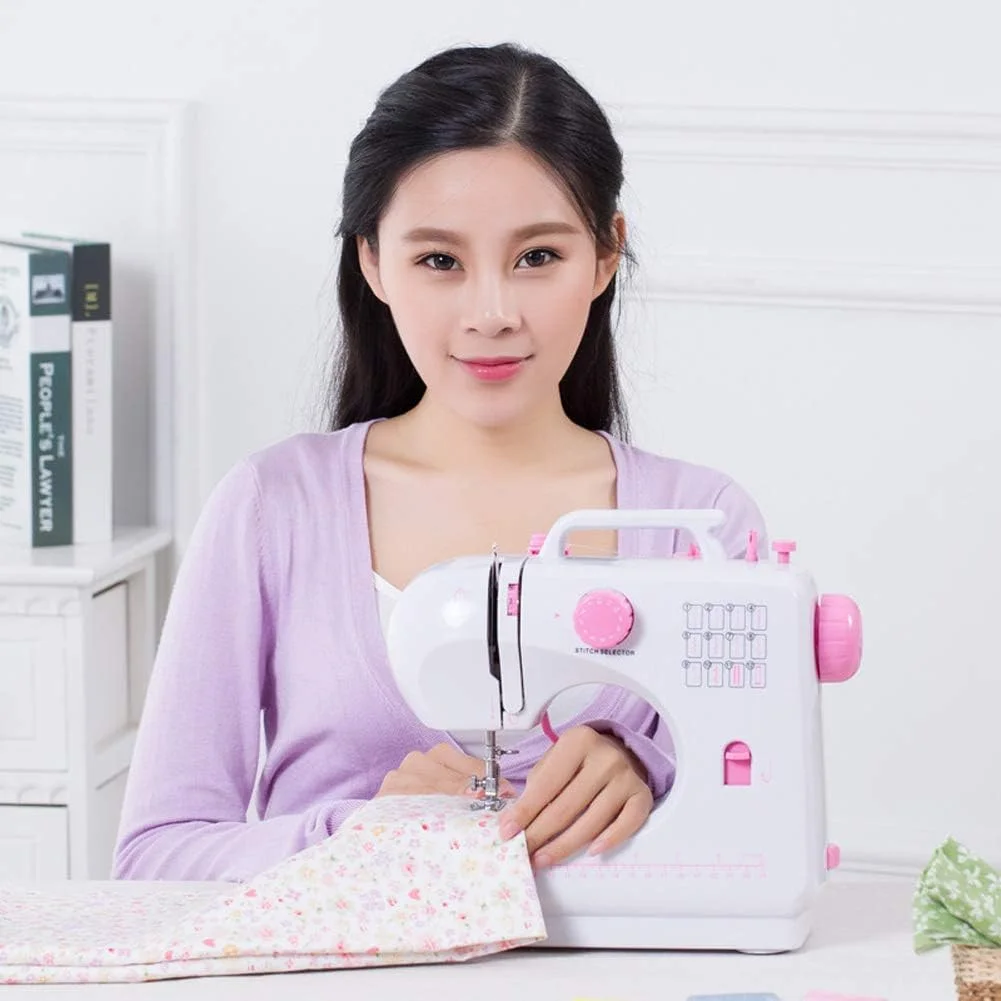 چرخ خیاطی خانگی قابل حمل، 12 طرح دوخت داخلی، نخ دوتایی، 2 سرعت، ایده آل برای مبتدیان