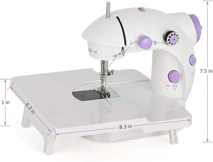چرخ خیاطی کوچک قابل حمل | چرخ خیاطی برقی دستی با میز کمکی و کنترل 2 سرعته - استفاده آسان برای کودکان، مبتدیان و مصارف خانگی (بنفش)