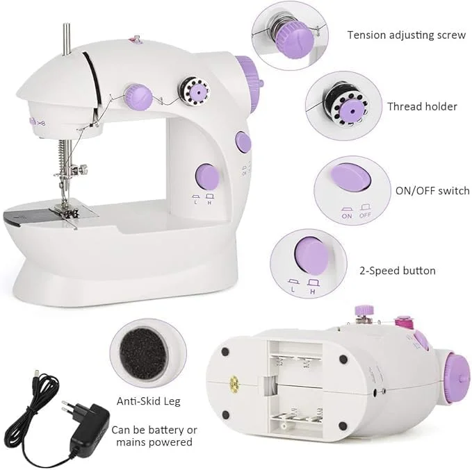 چرخ خیاطی کوچک قابل حمل | چرخ خیاطی برقی دستی با میز کمکی و کنترل 2 سرعته - استفاده آسان برای کودکان، مبتدیان و مصارف خانگی (بنفش)