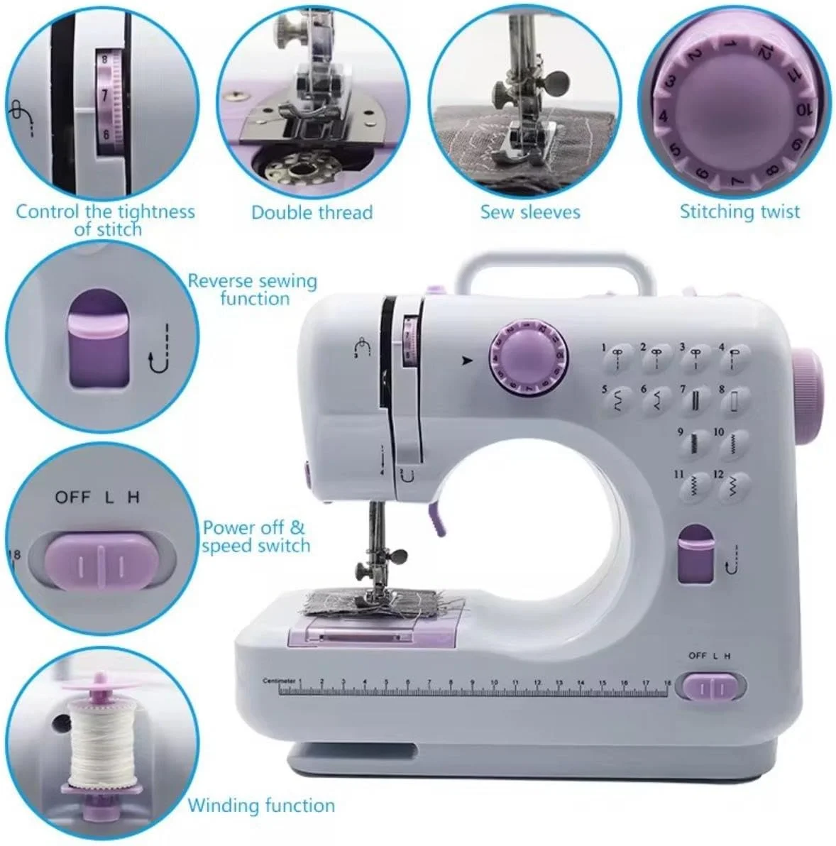 چرخ خیاطی قابل حمل، 12 طرح دوخت، نخ دوقلو، عملکرد معکوس، کنترل سرعت، سفید/بنفش چرخ خیاطی قابل حمل، 12 طرح دوخت، نخ دوقلو، عملکرد معکوس، کنترل سرعت، سفید/بنفش