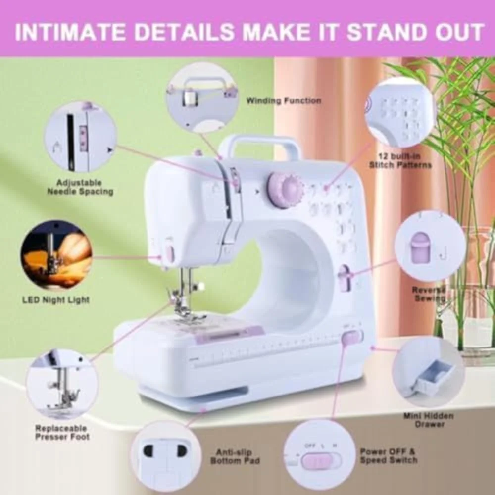 چرخ خیاطی کوچک قابل حمل برای مبتدیان - ۱۲ مدل دوخت داخلی، ۲ سرعته، نخ دوقلو، پدال پایی، دستگاه تعمیر چند منظوره برای کودکان و بزرگسالان چرخ خیاطی کوچک قابل حمل برای مبتدیان - ۱۲ مدل دوخت داخلی، ۲ سرعته، نخ دوقلو، پدال پایی، دستگاه تعمیر چند منظوره برای کودکان و بزرگسالان