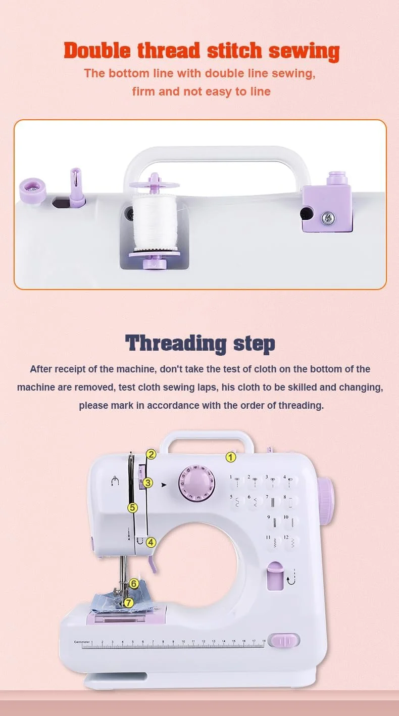 چرخ خیاطی برقی کوچک قابل حمل برای مبتدیان، 12 مدل دوخت داخلی، 2 سرعت با پدال پا، چراغ و کشوی نگهداری.