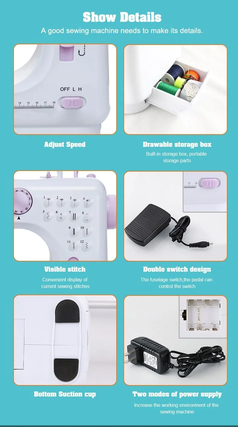 چرخ خیاطی برقی کوچک قابل حمل برای مبتدیان، 12 مدل دوخت داخلی، 2 سرعت با پدال پا، چراغ و کشوی نگهداری.