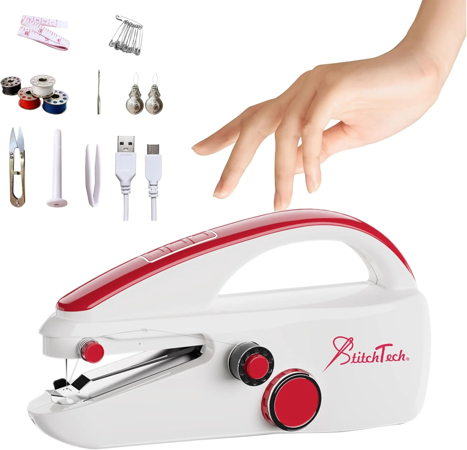 چرخ خیاطی دستی مینی قابل حمل StitchTech - جمع و جور، سبک وزن، با USB-C یا باتری کار می کند و استفاده از آن برای تعمیرات سریع و کاردستی در حال حرکت آسان است