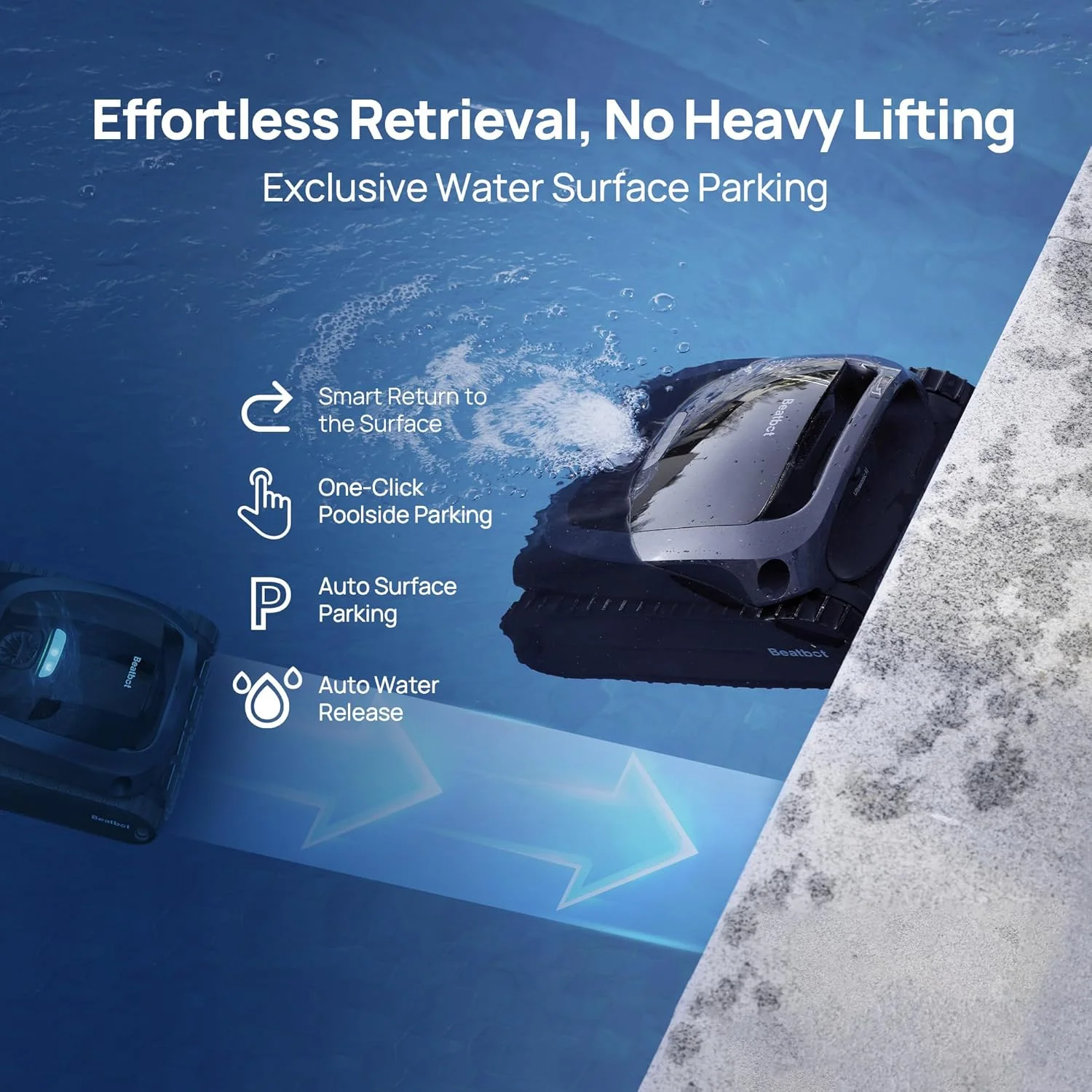 ربات تمیز کننده استخر بی سیم Beatbot AquaSense 2، پارک هوشمند سطحی، تمیز کردن دو طرفه خط آب، تمیز کردن کف، دیوارها و خط آب، مناسب برای استخرهای رو باز و داخل زمین تا 300 متر مربع - آبی