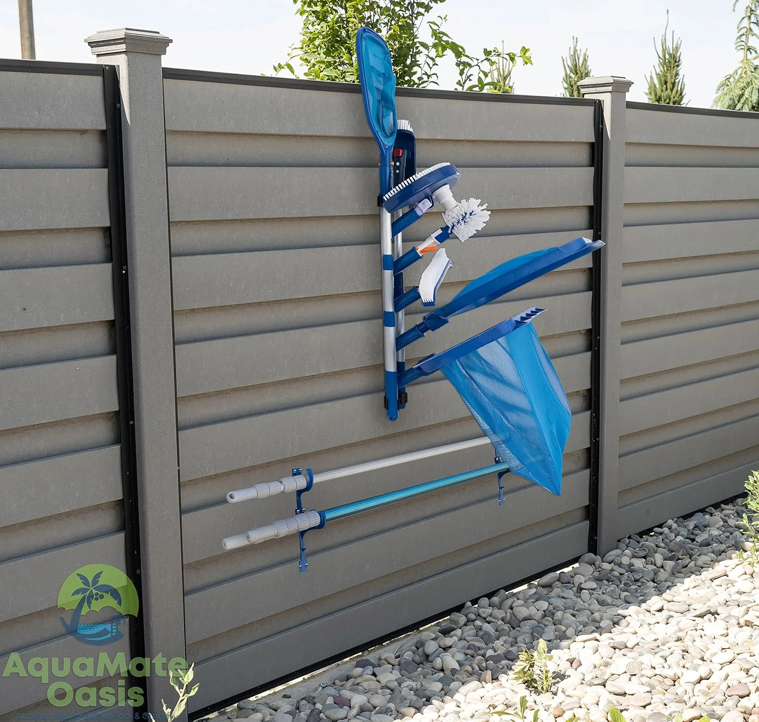 نگهدارنده لوازم جانبی استخر، آویز میله و بند شلنگ، کیت قفسه سازمان دهنده عالی برای میله ها، برس ها، تورها و اتصالات جاروبرقی، نگهداری ضد زنگ و مقاوم در برابر آب و هوا (آبی تیره)