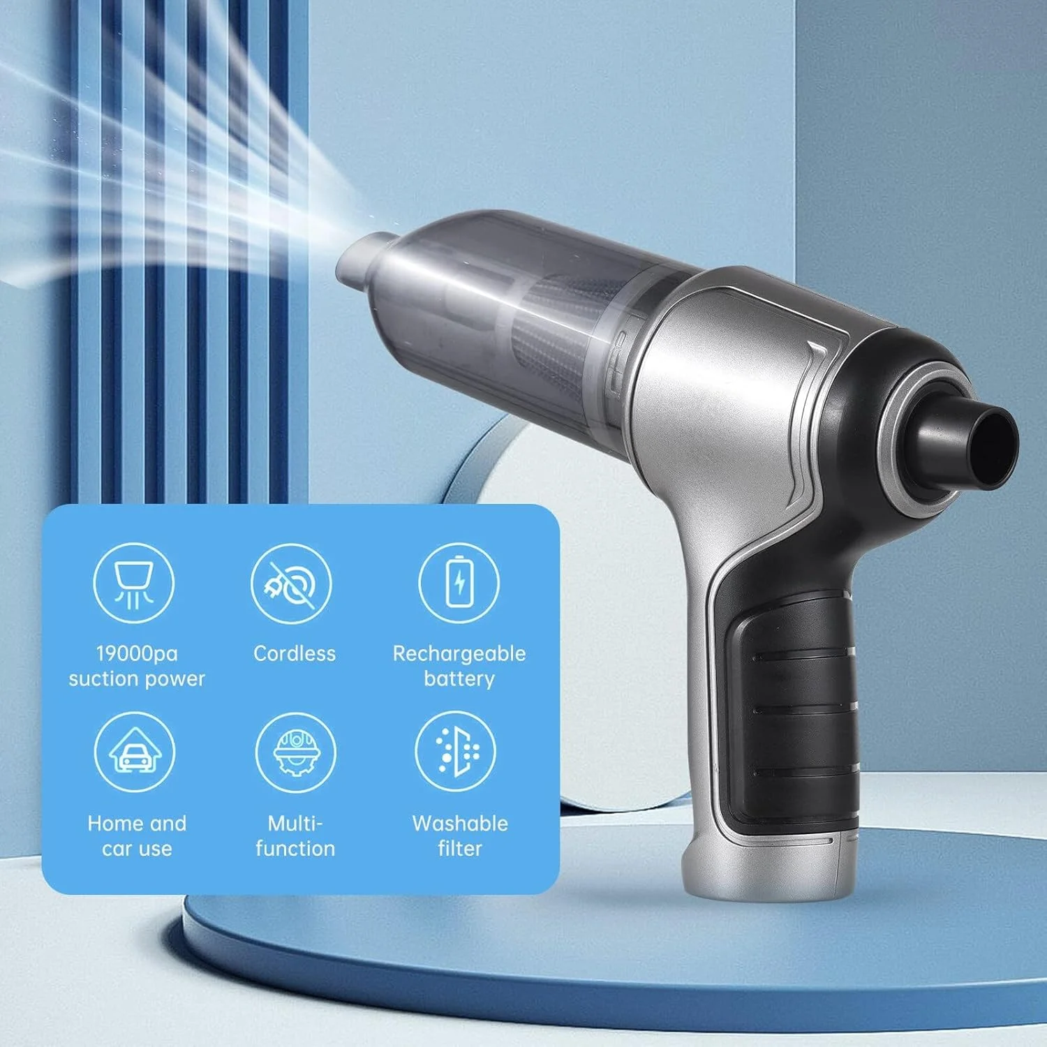 جاروبرقی خودرو پپیسک با مکش فوق العاده 19000Pa - جاروبرقی دستی قابل حمل بی سیم برای داخل خودرو و منزل، باتری 4000 میلی آمپر ساعتی، دارای سری های مختلف برای موی حیوانات خانگی، صندلی خودرو و شکاف مبل (120 وات)