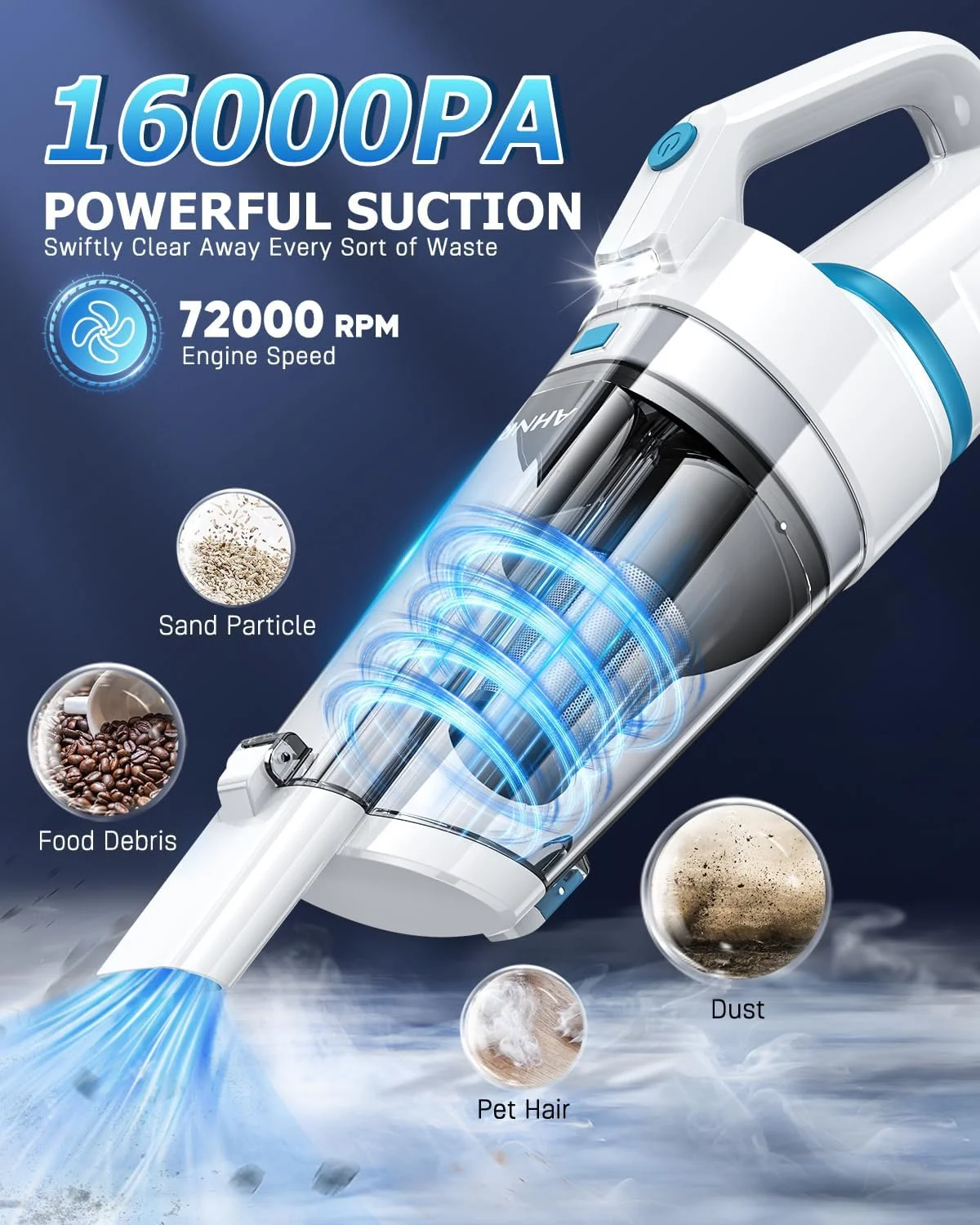 جاروبرقی دستی بی سیم AHNR، مکش قدرتمند 16000PA، جاروبرقی دستی قابل شارژ بی سیم با چراغ LED و 2 فیلتر HEPA، جاروبرقی قابل حمل پرقدرت برای ماشین، خانه، دفتر