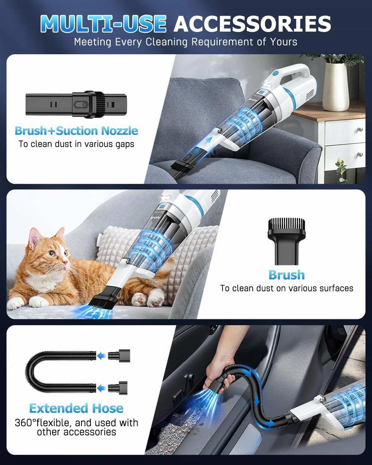 جاروبرقی دستی بی سیم AHNR، مکش قدرتمند 16000PA، جاروبرقی دستی قابل شارژ بی سیم با چراغ LED و 2 فیلتر HEPA، جاروبرقی قابل حمل پرقدرت برای ماشین، خانه، دفتر