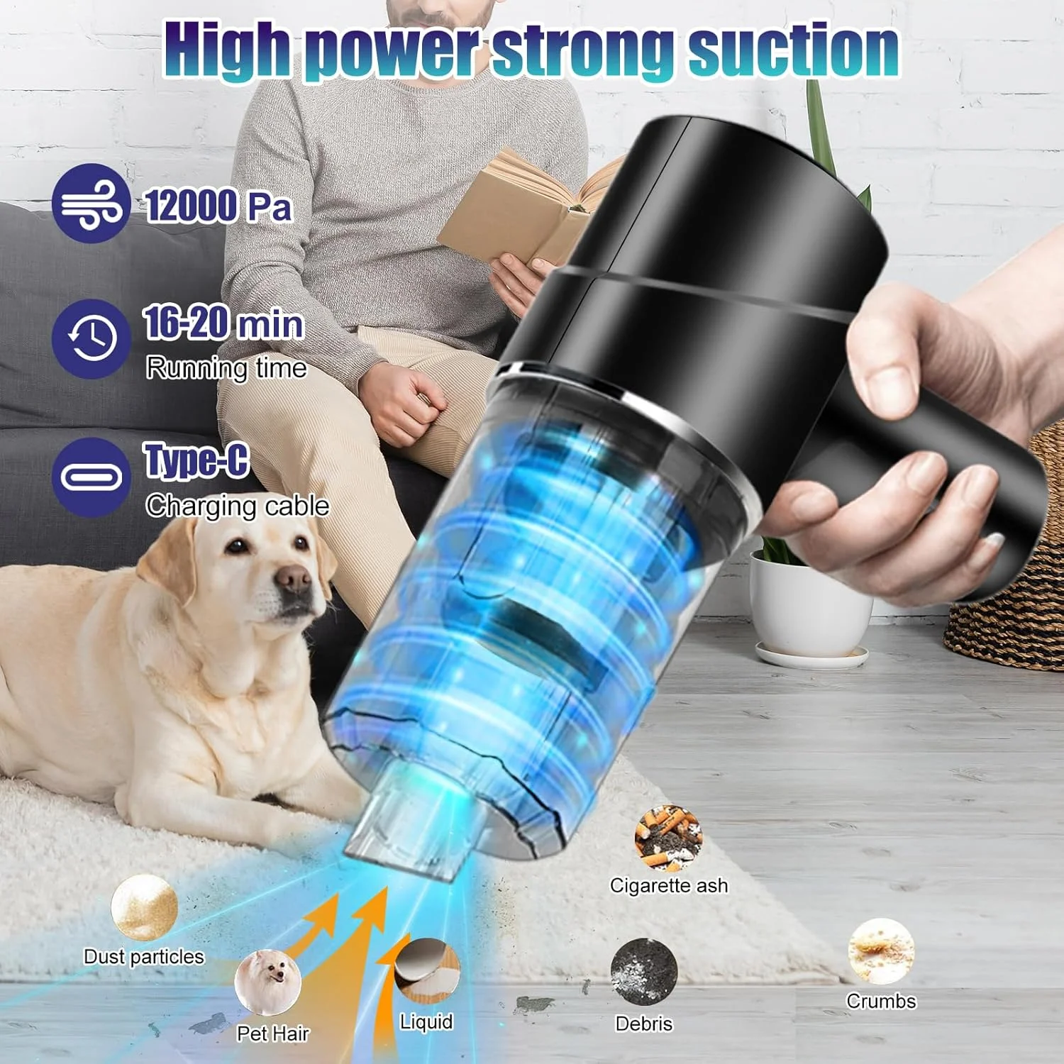 جاروبرقی دستی بی‌سیم، جاروبرقی خودرو 12000Pa، جاروبرقی بی‌سیم 3 در 1، دمنده هوا و پمپ، جاروبرقی دستی چند منظوره با برس برای خودرو، دفتر، خانه، مشکی