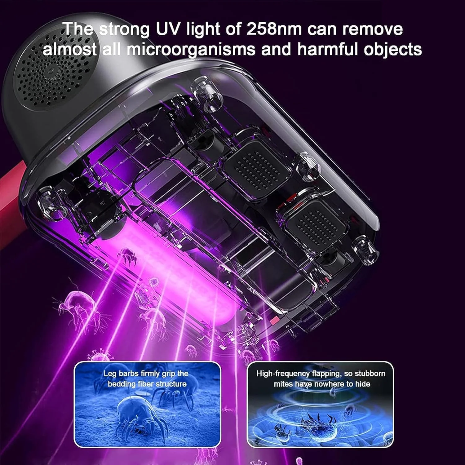 دستگاه حذف کنه بی سیم Arabest، جاروبرقی تخت خواب خانگی، ابزار قابل حمل حذف گرد و غبار کنه، استریلیزر UV برقی (خاکستری و قرمز)