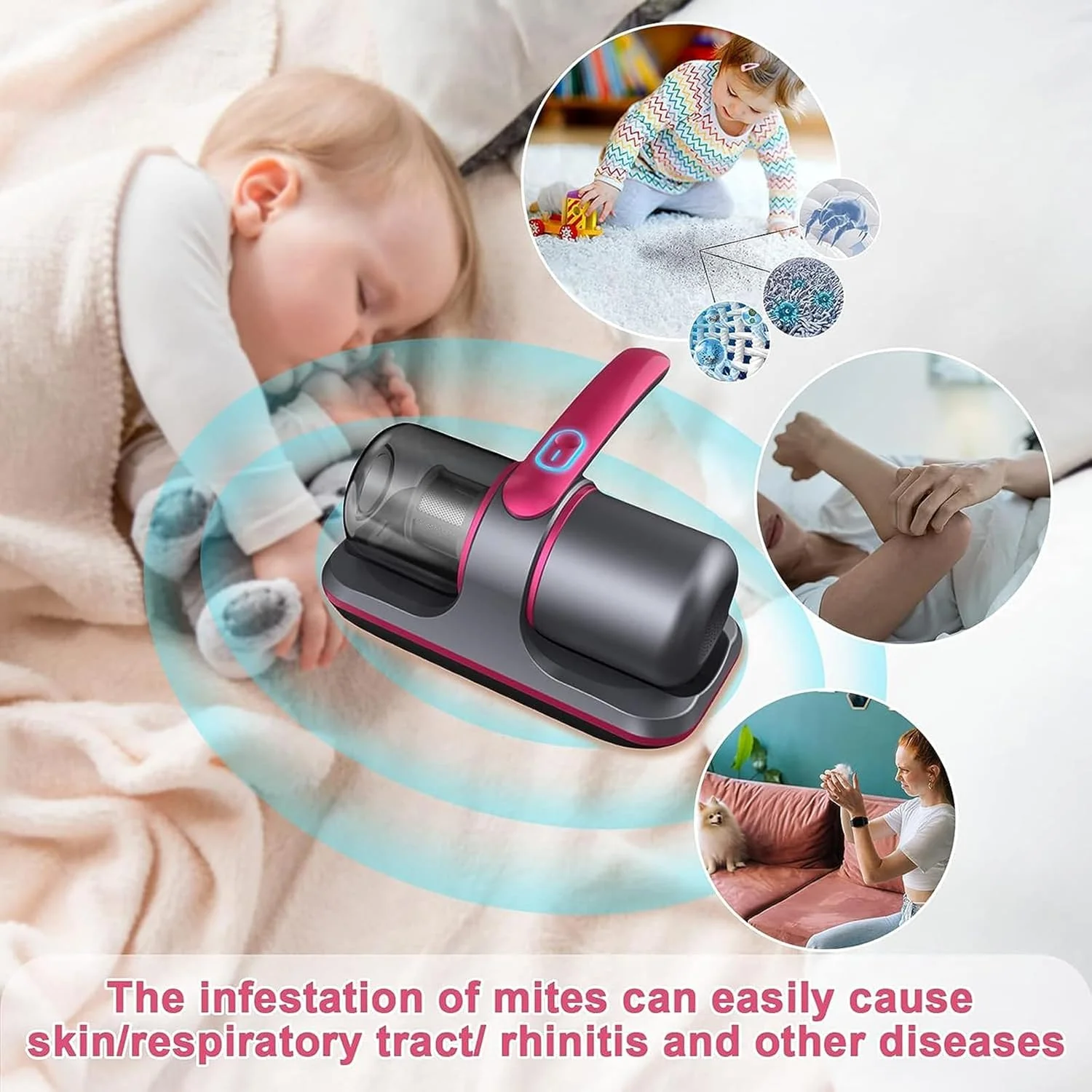 دستگاه حذف کنه بی سیم Arabest، جاروبرقی تخت خواب خانگی، ابزار قابل حمل حذف گرد و غبار کنه، استریلیزر UV برقی (خاکستری و قرمز)