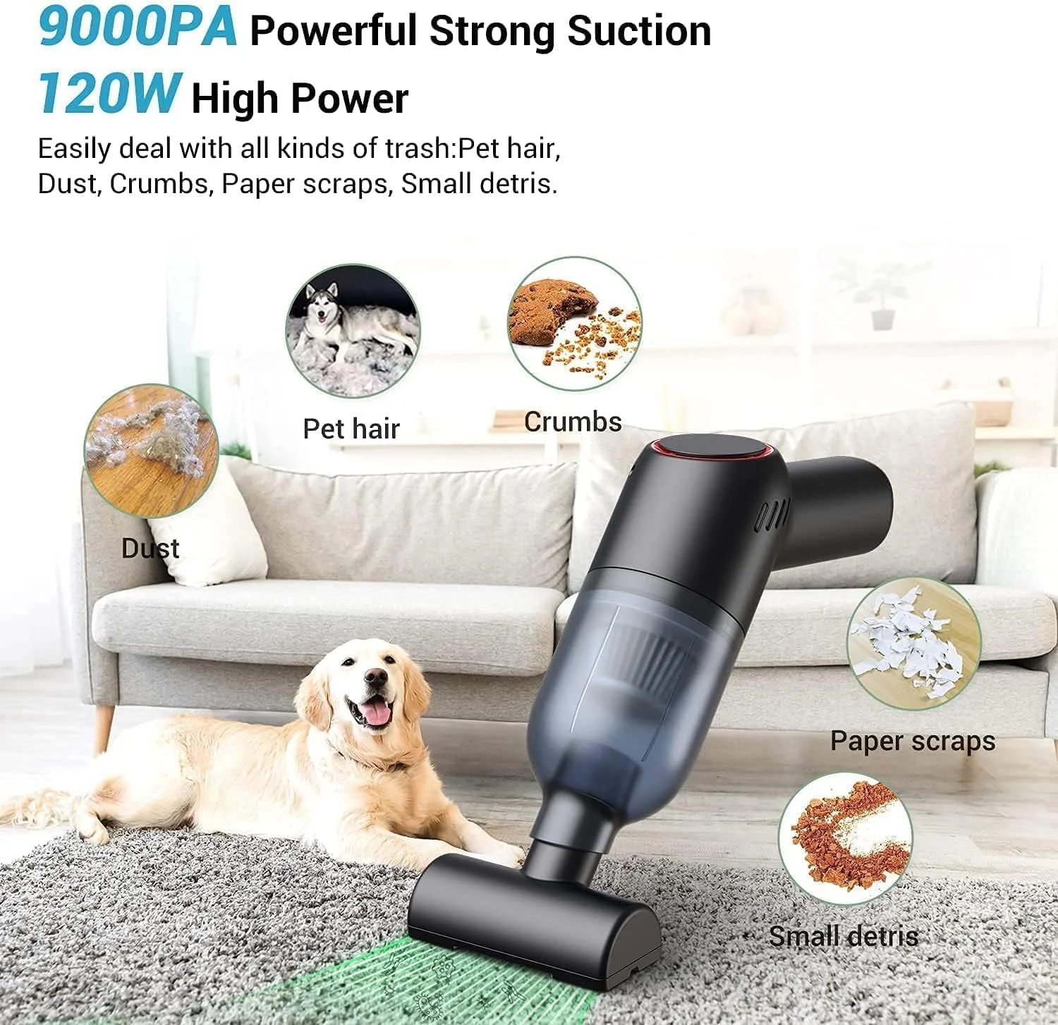 جاروبرقی دستی خودرو ALMEKAQUZ، جاروبرقی کوچک خشک و مرطوب، جاروبرقی دستی بی سیم و قابل حمل برای تمیز کردن مسافرت موی حیوانات خانگی در ماشین/خانه/دفتر، قابل شارژ USB، مکش قدرتمند 9000PA (مشکی)