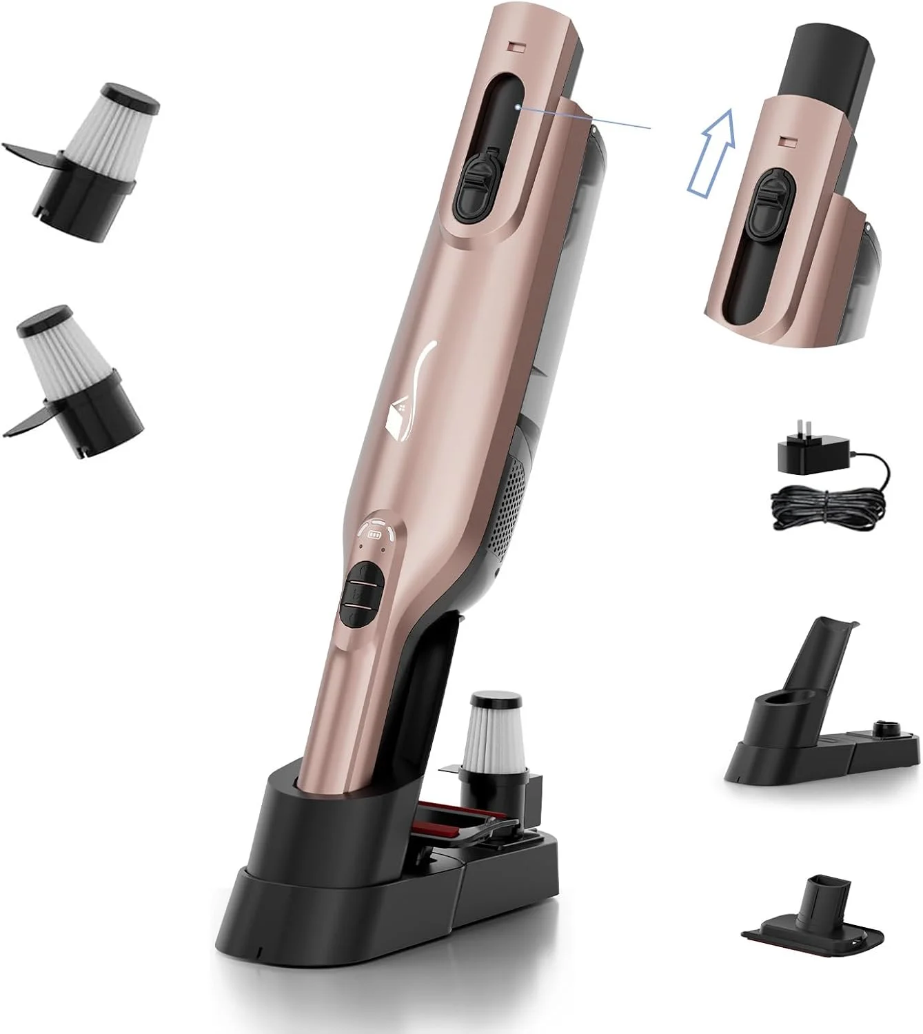 جاروبرقی دستی شارژی AYONTIN، جاروبرقی دستی سبک و قابل حمل با چراغ LED، جاروبرقی دستی قابل شارژ با پایه شارژ، مکش قدرتمند برای دفتر، خانه، ماشین، رزگلد جاروبرقی دستی شارژی AYONTIN، جاروبرقی دستی سبک و قابل حمل با چراغ LED، جاروبرقی دستی قابل شارژ با پایه شارژ، مکش قدرتمند برای دفتر، خانه، ماشین، رزگلد