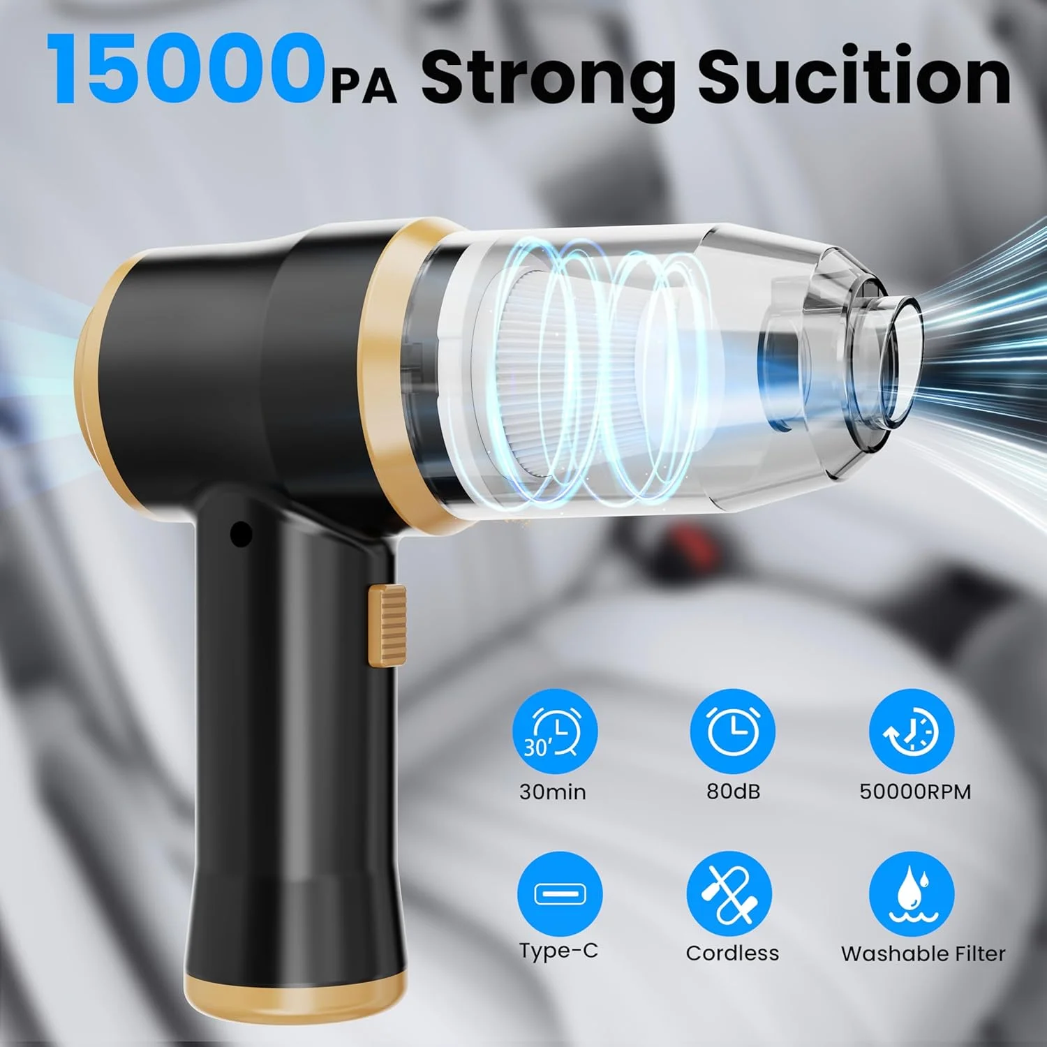 جاروبرقی کوچک خودرو BELIBUY، جاروبرقی دستی بی سیم قابل حمل 9500Pa، جاروبرقی و گردگیر هوا با 3 فیلتر برای خودرو، مبل، دفتر، حیوان خانگی، خانه