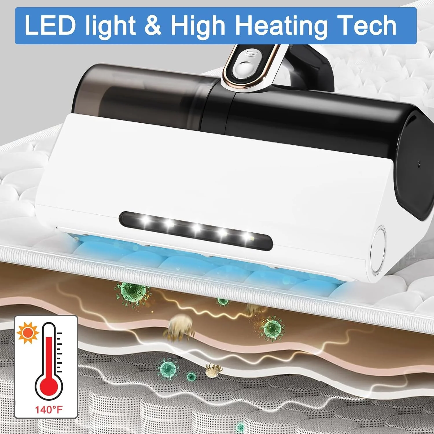 جاروبرقی تشک خواب بیگ تری، جاروبرقی تخت با فناوری فرابنفش و گرمایش بالا، قدرت مکش بیش از 8 کیلو پاسکال، تمیز کردن موثر برای بالش، ملحفه، تشک، مبل