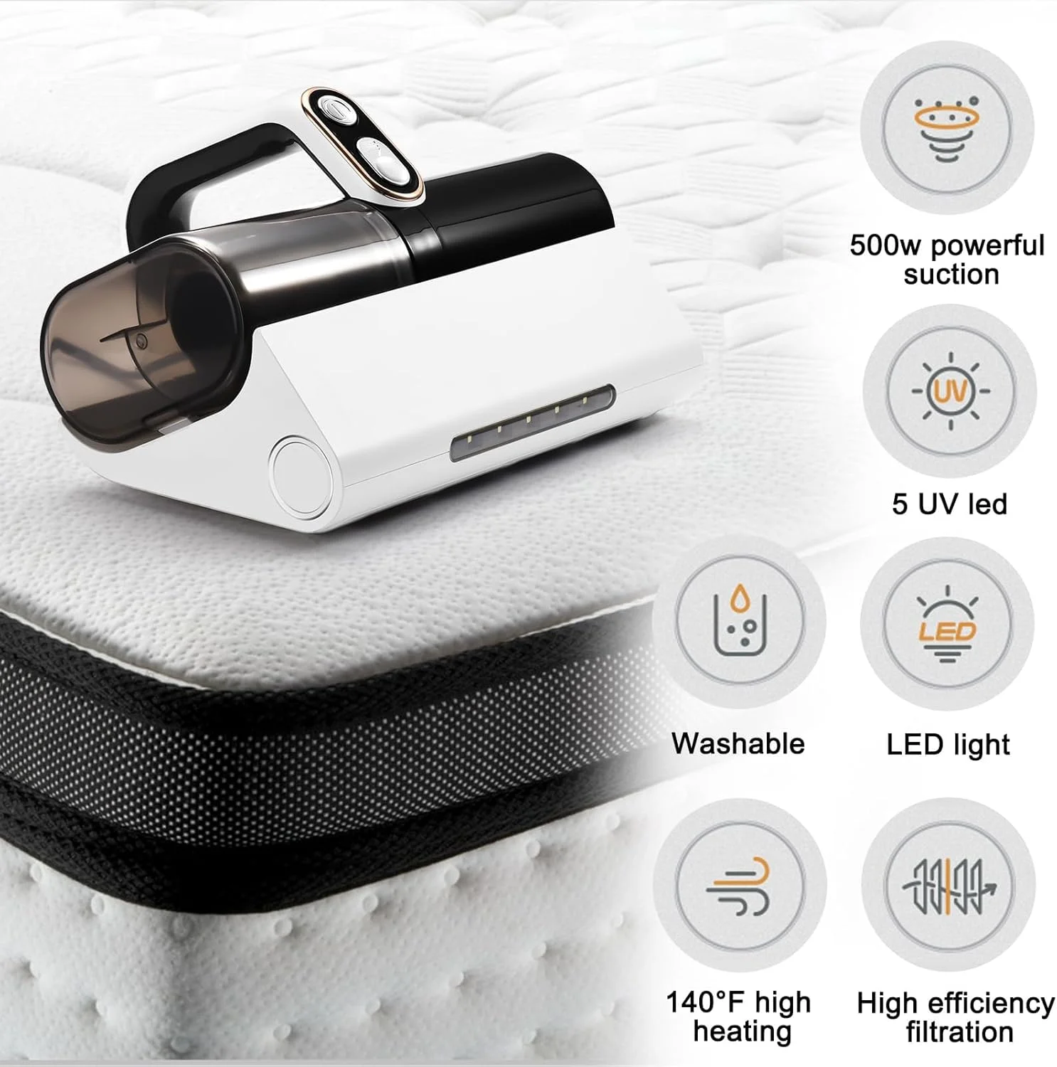 جاروبرقی تشک خواب بیگ تری، جاروبرقی تخت با فناوری فرابنفش و گرمایش بالا، قدرت مکش بیش از 8 کیلو پاسکال، تمیز کردن موثر برای بالش، ملحفه، تشک، مبل